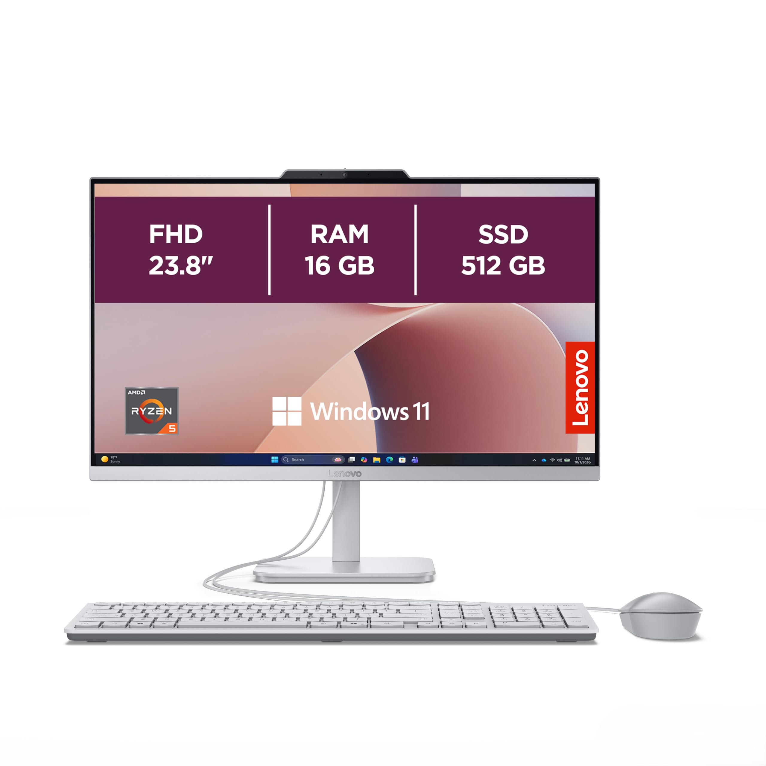 Lenovo AIO A105a All-In-One PC | 23.8" Full HD Display | AMD Ryzen 5 40 | 16GB RAM | 512GB SSD | AMD Radeon 610M Grafik | Windows 11 | Inkl. Maus und Tastatur | Grau | 3 Monate Premium Care