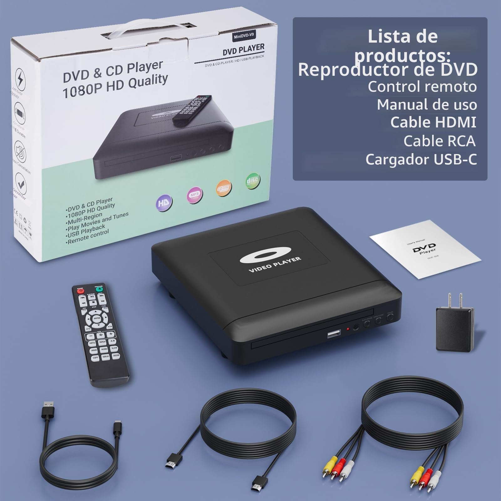 Mini HD DVD Player con HDMI, 1080P Region Free DVD Player para Smart TV, Cable de Salida HDMI/RCA Incluido, Menor Ruido, PAL/NTSC Integrado, Reproductor de CD para el hogar