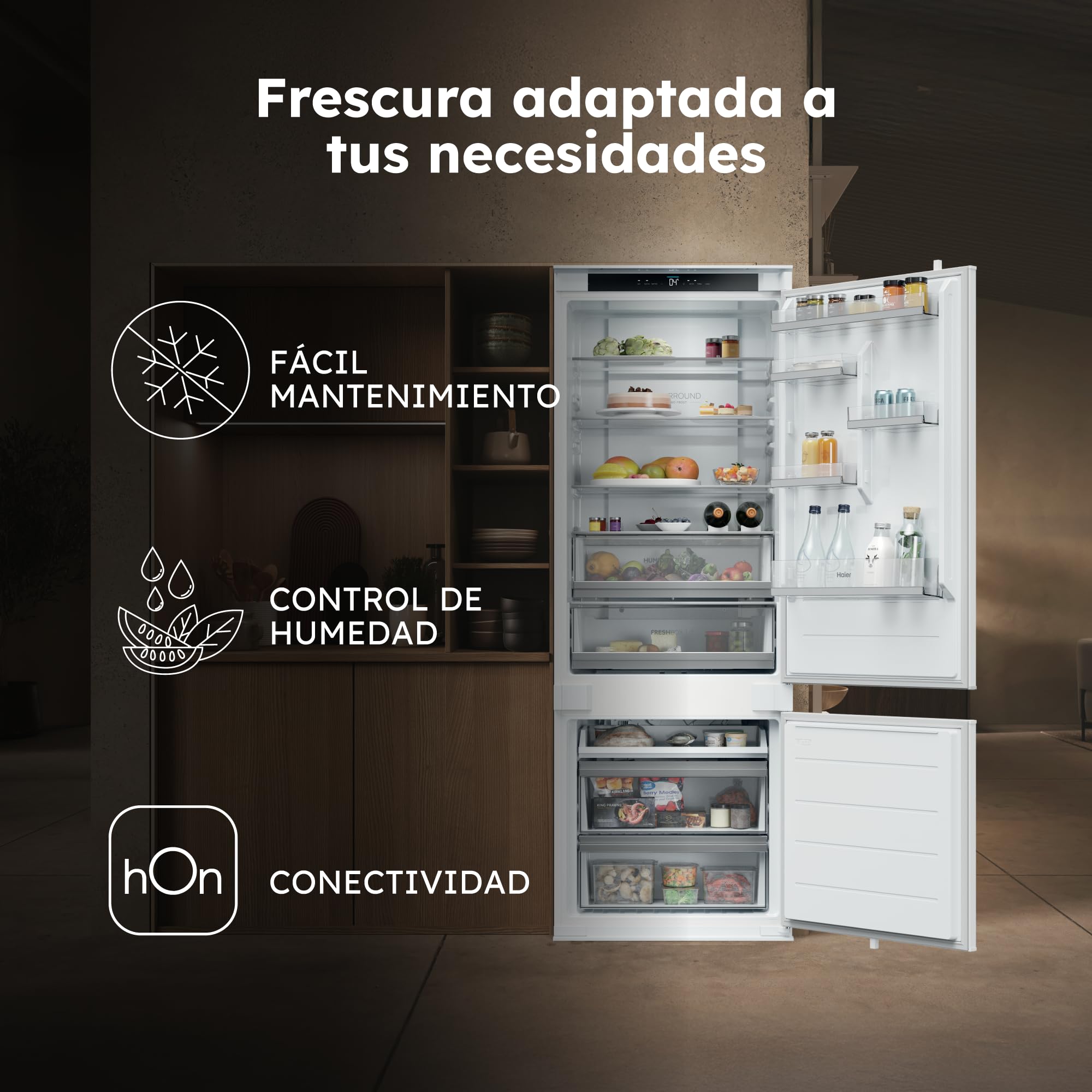 Haier 2D HBQW5719E - Frigorífico Combi Integrable, 382L,WIFI,Motor Inverter, My Zone, Total No Frost,Ancho 69 cm, Alto 193.5 cm,Iluminación LED, Blanco