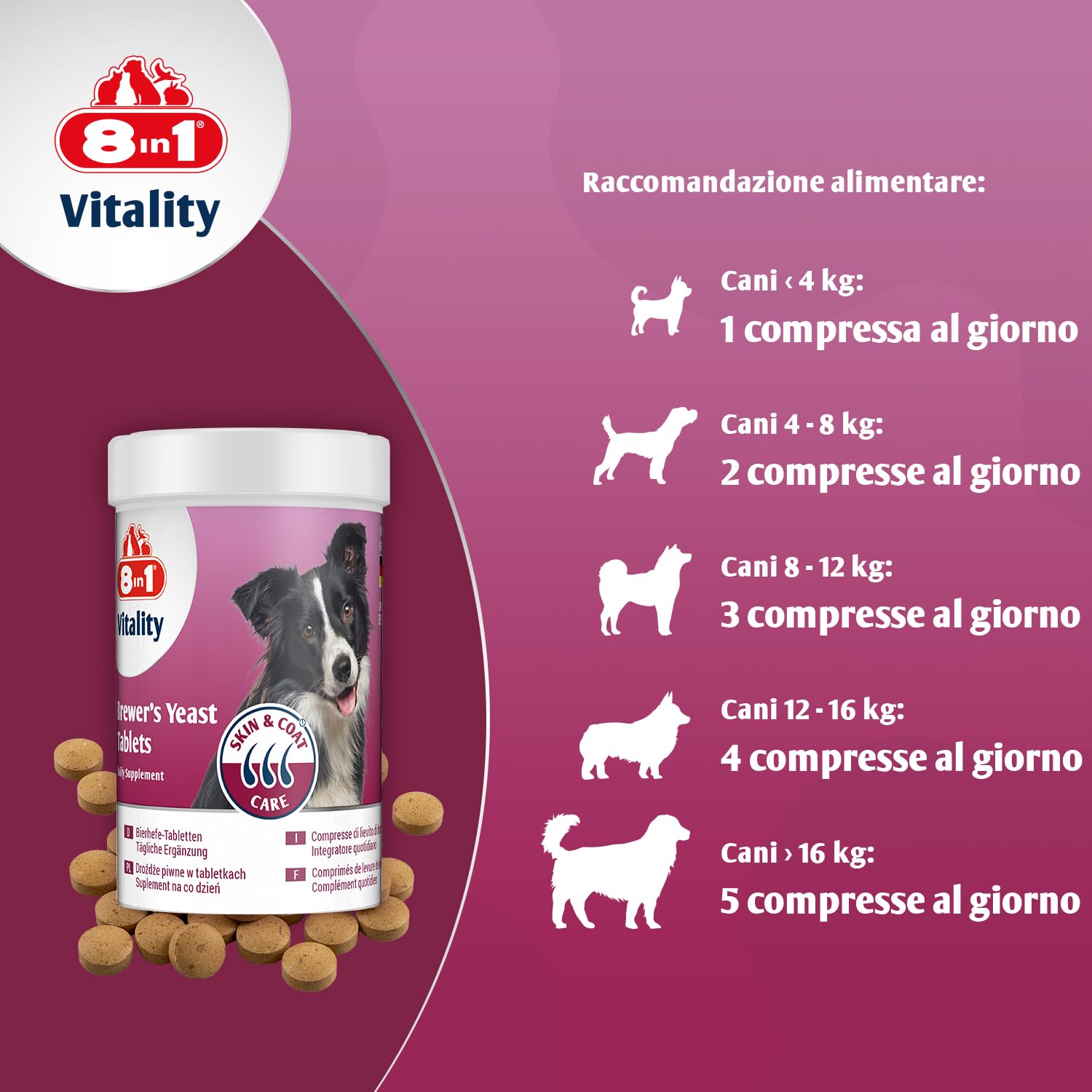 8in1 Compresse di Lievito di Birra per cani - Combinazione unica di vitamine per tutti i cani, supporta la cura della pelle e del pelo, 1 lattina (260 compresse)