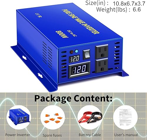 Miniatura 6 de Inversor de onda sinusoidal pura de 800 W, 12 V a 110 V, 120 V, inversor de energía solar, CC a CA, enchufe dual de EE. UU. para electrodomésticos