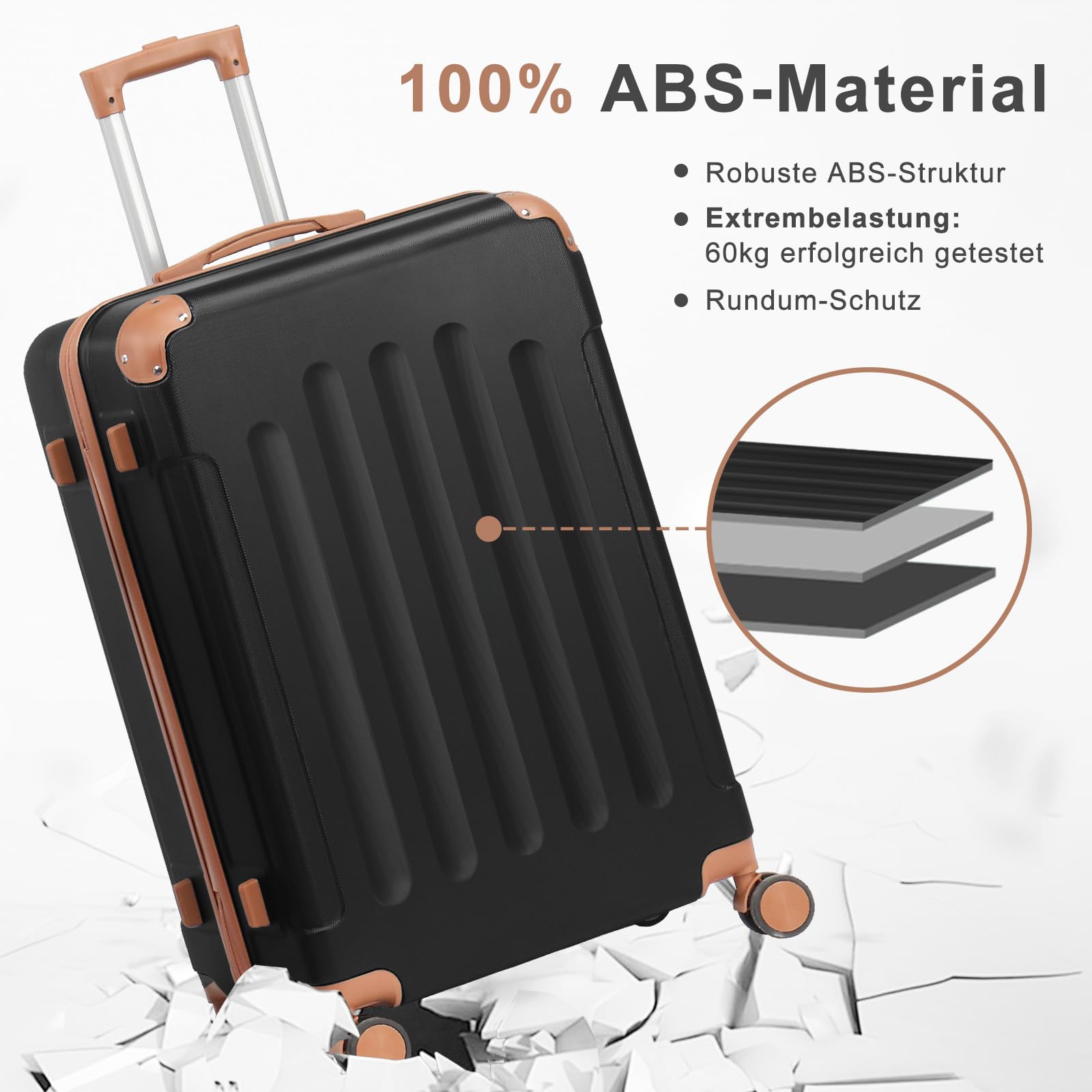 LEADZM Kofferset 4 teilig Hartschale mit Kosmetikkoffer (Schwarz-Braun) | Koffer Set aus ABS, Reisekoffer mit Rollen Groß, Hartschalenkoffer Set, Koffer & Trolleys
