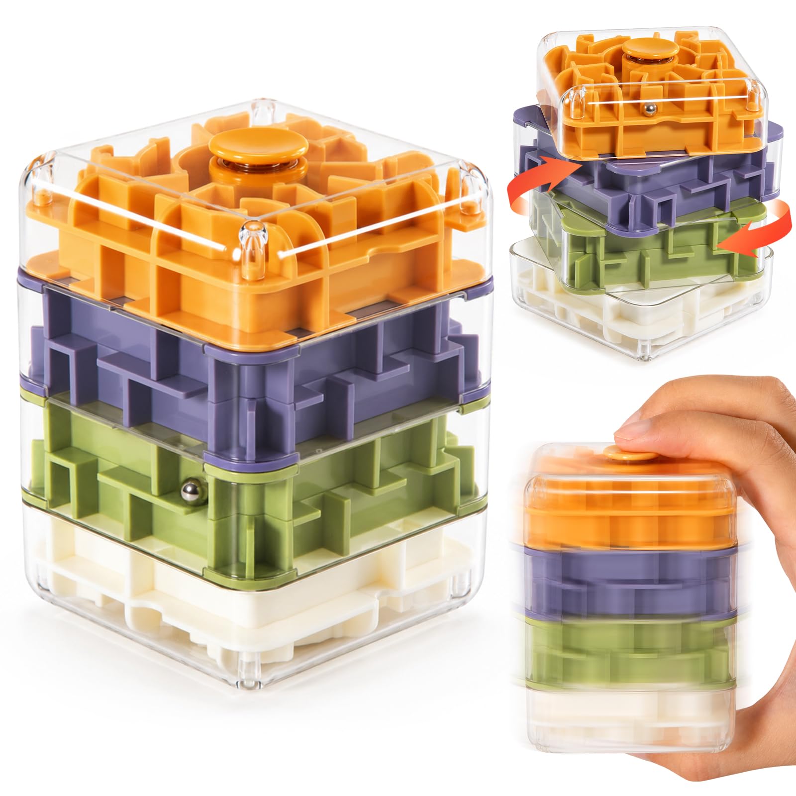 4 Layer 2 in 1 3D Rolling Ball Maze Cube, Kids Fidget Spinning Toys | Fidget Toy and Stress Toy, 3D Brain Teaser Puzzle Game Portable Activity Toy Birthday Gifts for Kids Ages 3-7+ Boys Girls 4 Level