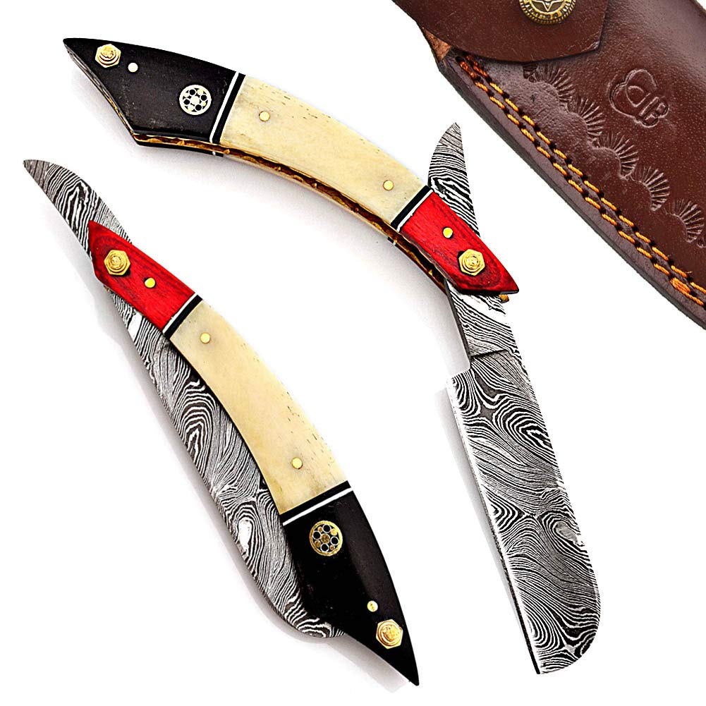 Damascus Steel Straight Razor Folding Razor With Shaving Ready Classic Barber Blade Edge, Men Straight Razor, Leather Case + Strop, Close Shave, Great Gift R-40