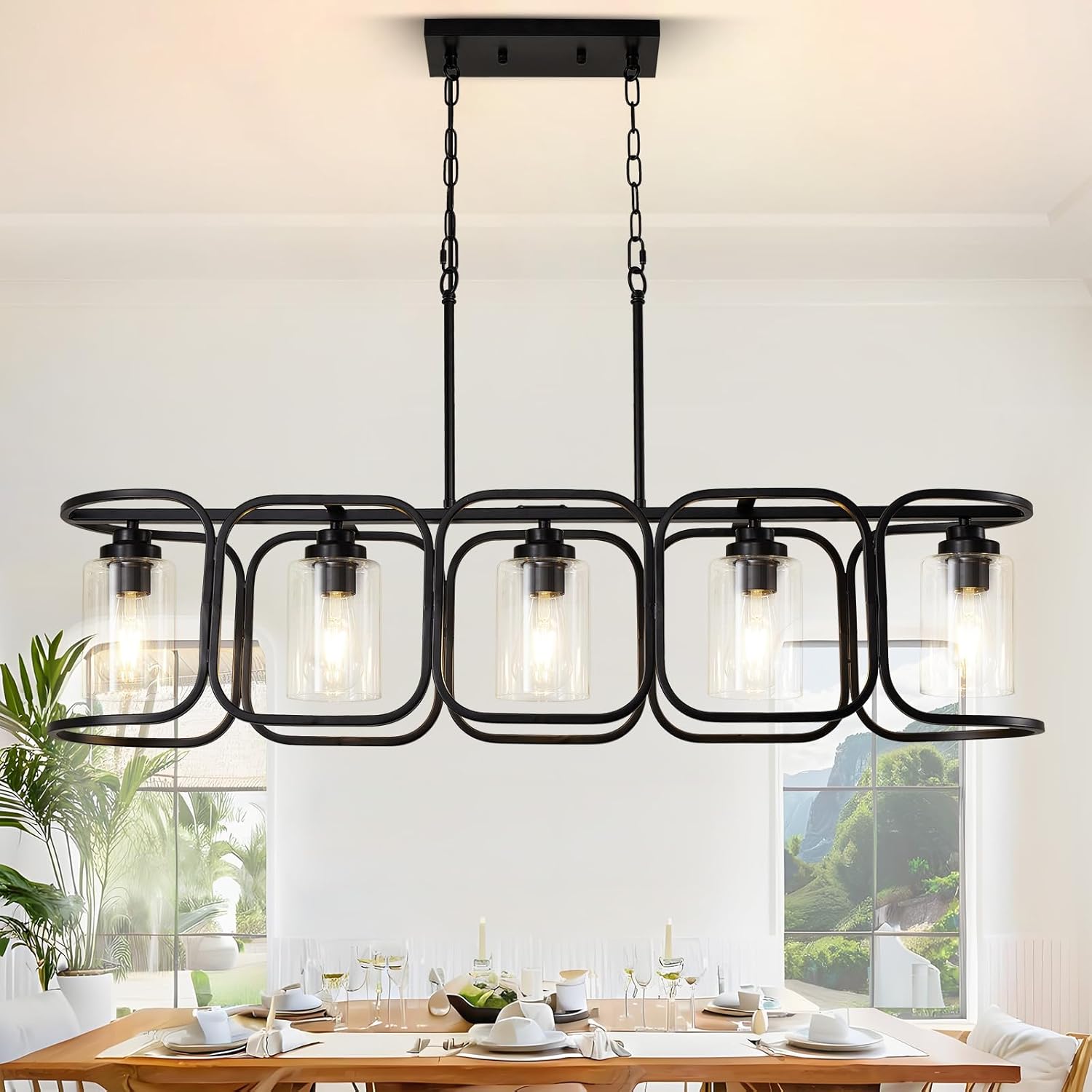 40" Dining Room Light Fixture/Chandelier Over Table, 5-Light Black Kitchen Island Lighting with Clear Glass Shade Farmhouse Linear Hanging Pendant Lights Fixture for Kitchen Island Dining Room‌ Bar