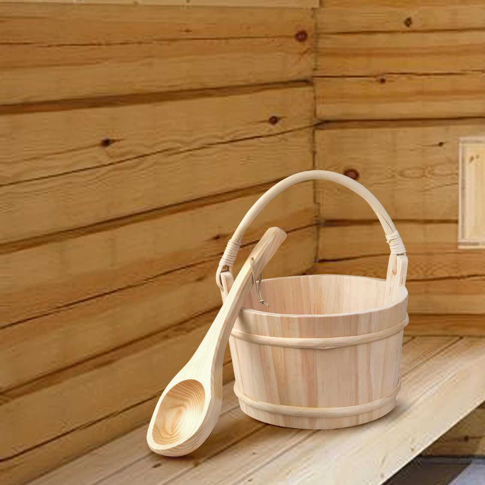 Sauna Zubehörset mit Holzlöffel, handgefertigt, großes Fassungsvermögen, bequemer Badeeimer, Blumentopf, Innendusche, Saunaraum, leicht zu