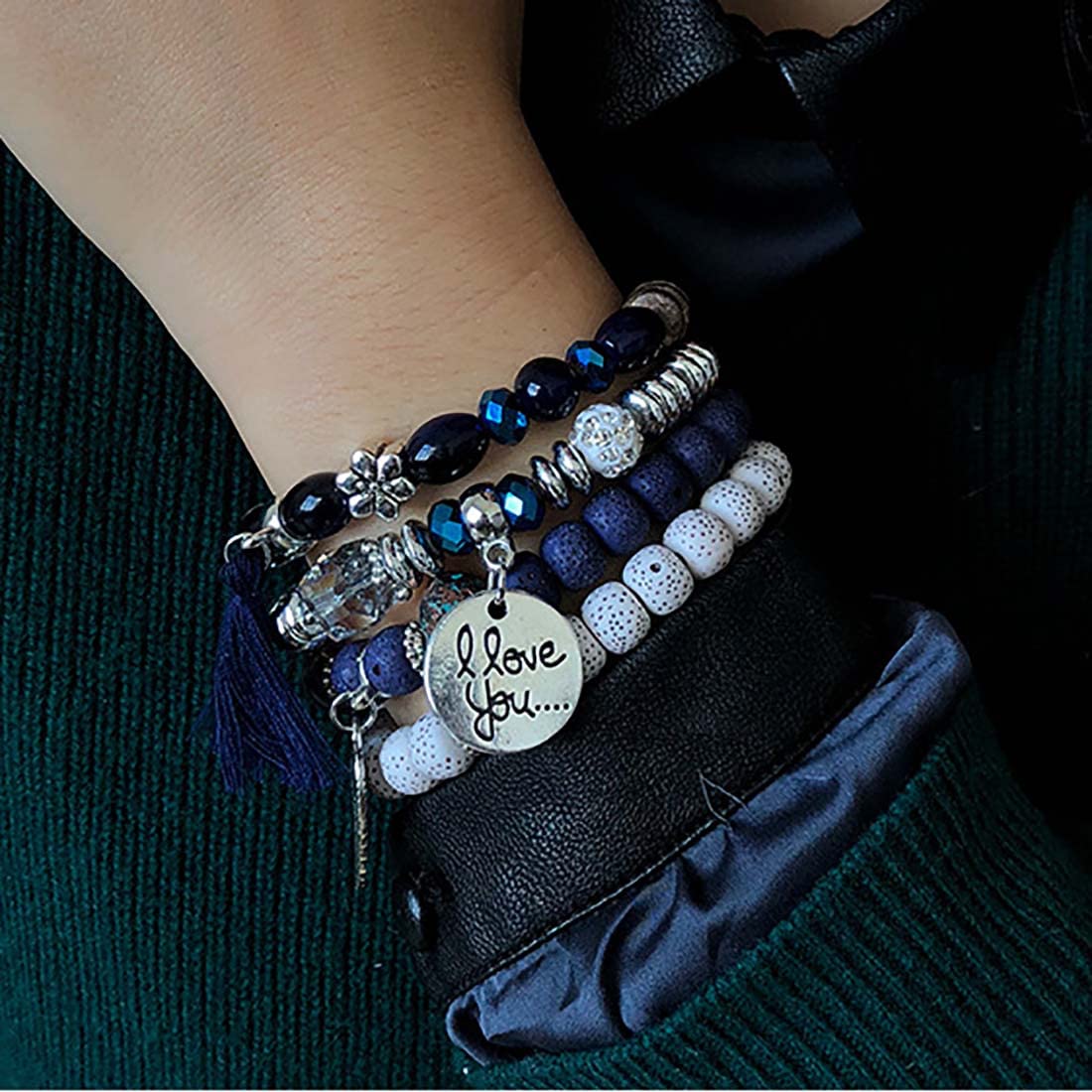 Prosy Bracciale Perline Donna Boho | Gioiello Fantasy Regolabile Con Fiori E Nappa, Set Accessori Misti Per Matrimonio E Festa (Blu) - 3