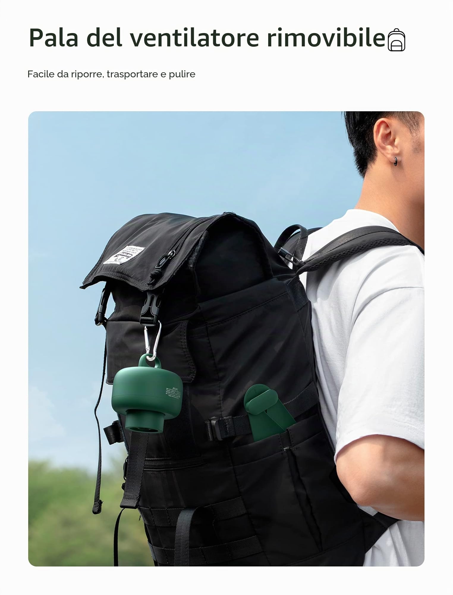 JISULIFE Ventilatore da campeggio 8000mAh Funzionamento a batteria, ricaricabile tramite USB con telecomando, pale della ventola rimovibili, gancio per appendere, timer, 4 velocità per esterno-verde