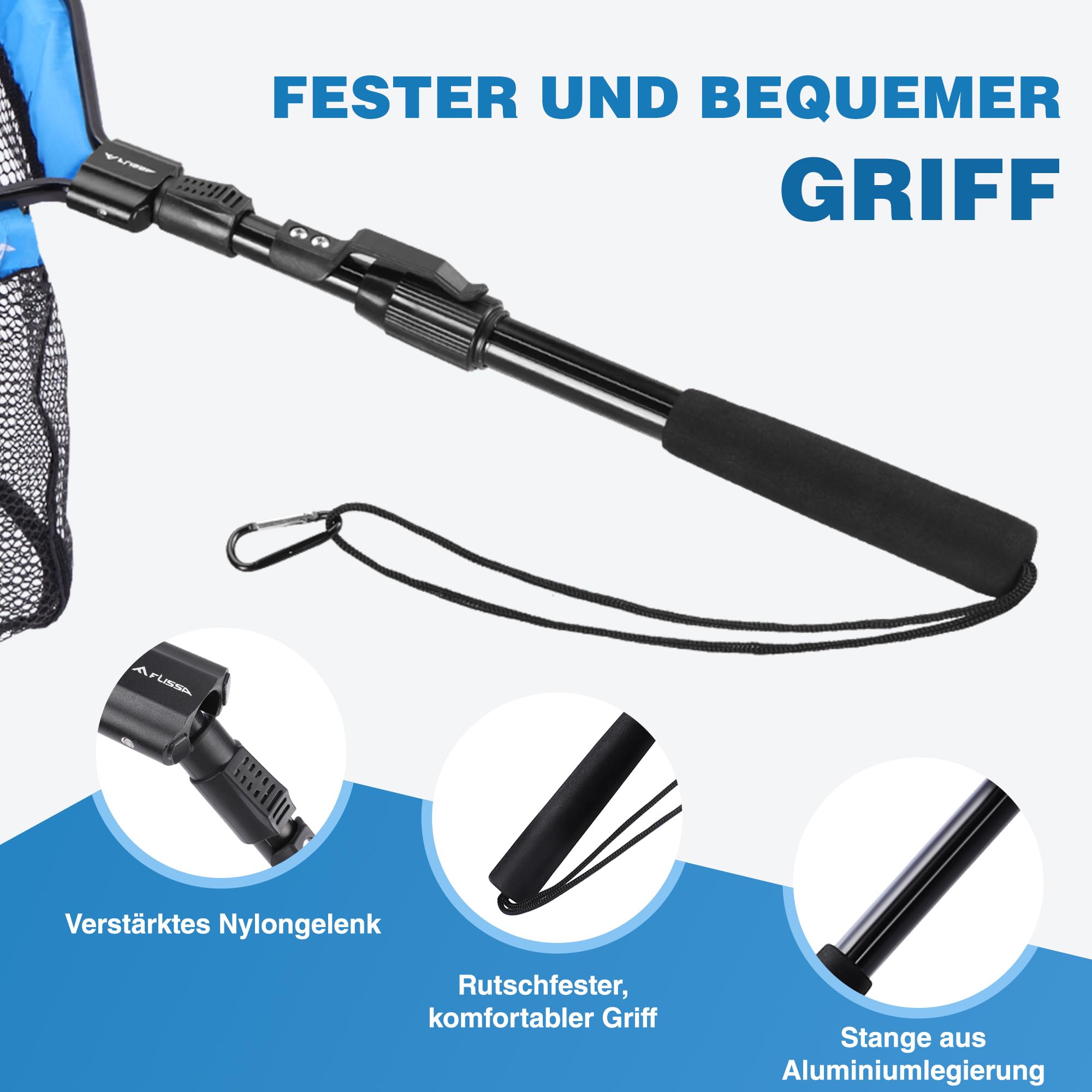 FLISSA Kescher Angeln, Schwimmender Fischkescher, Gummierter Angelkescher, Faltbar, ausziehbar & fischschonend, Ideal für Fliegenfischen, Kajak- oder Bootsangeln