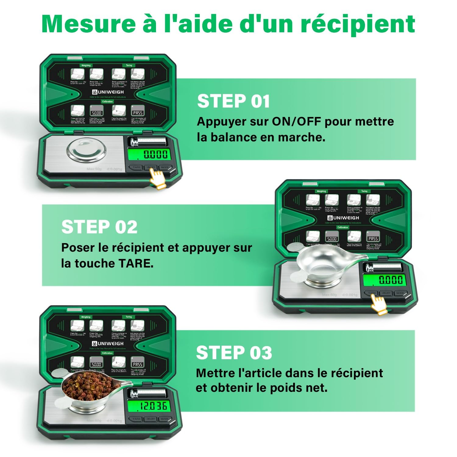 UNIWEIGH Balance de précision 0,001 g/50 g, balance numérique pour bijoux, poudre, pièces de monnaie, or, gemme, rechargement, micro-grammes avec 6 unités, tare, poids cal, balance mg de poche