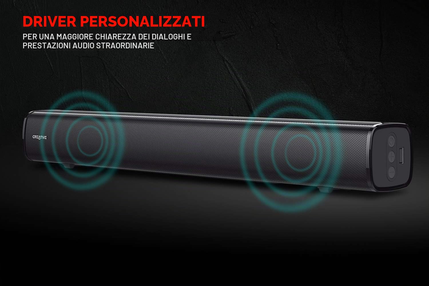 CREATIVE Soundbar Stage under-monitor a 2.1 canali con subwoofer per TV, computer e schermi ultrawide, Bluetooth/ingresso ottico/TV ARC/ingresso AUX, telecomando e kit per montaggio a parete