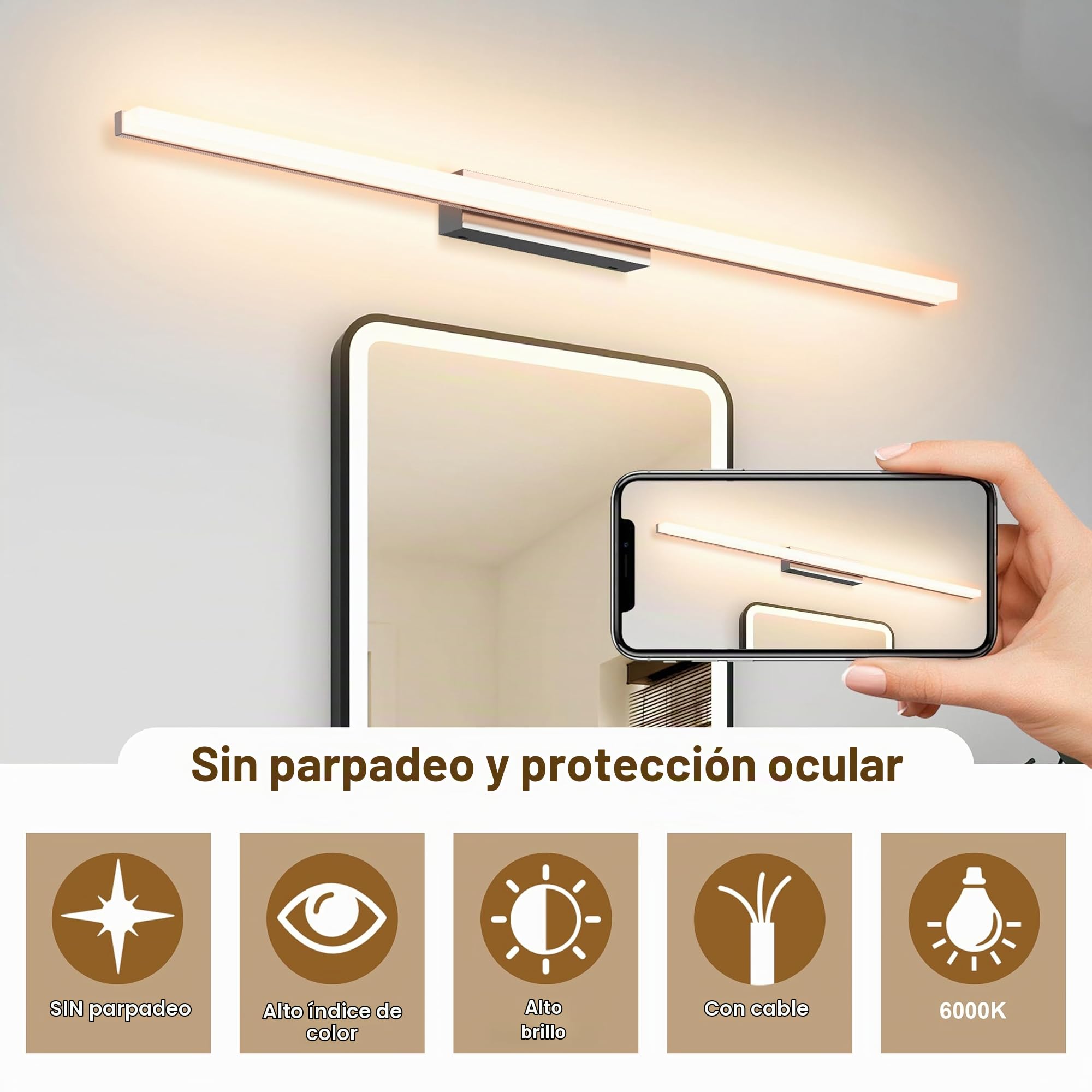Led Aplique Espejo Baño, 60CM Luz Espejo Baño IP44 Dimmable 3000K-6000K Pared Luz, 10W Lampara Apliques de Para de Impermeable Plata