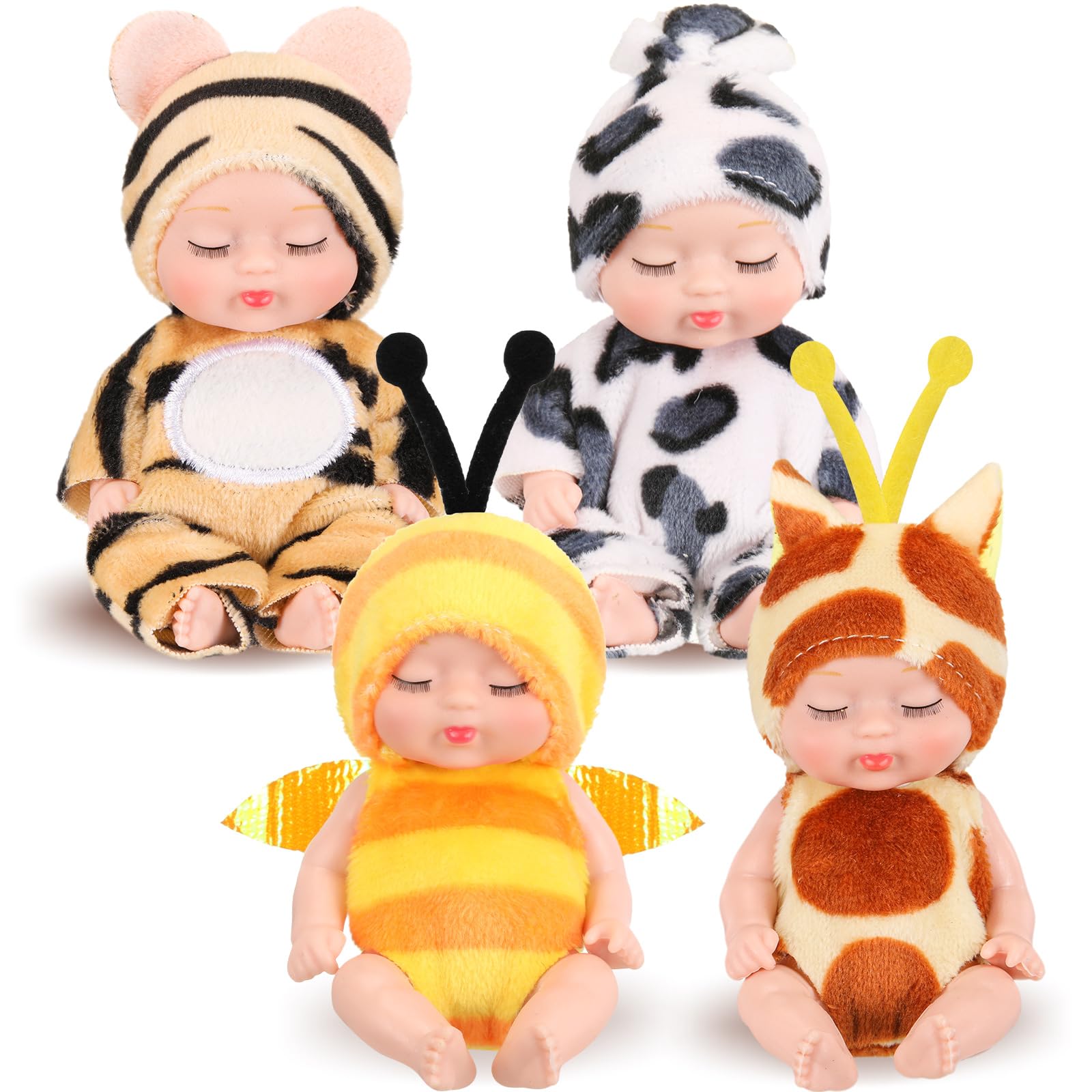 Hanaive 4 Pcs 4 Inch Mini Baby Dolls Lifelike Realistic Baby Dolls Animal Clothes Cute Tiny Gifts for Kids Birthday Party(Print Style)