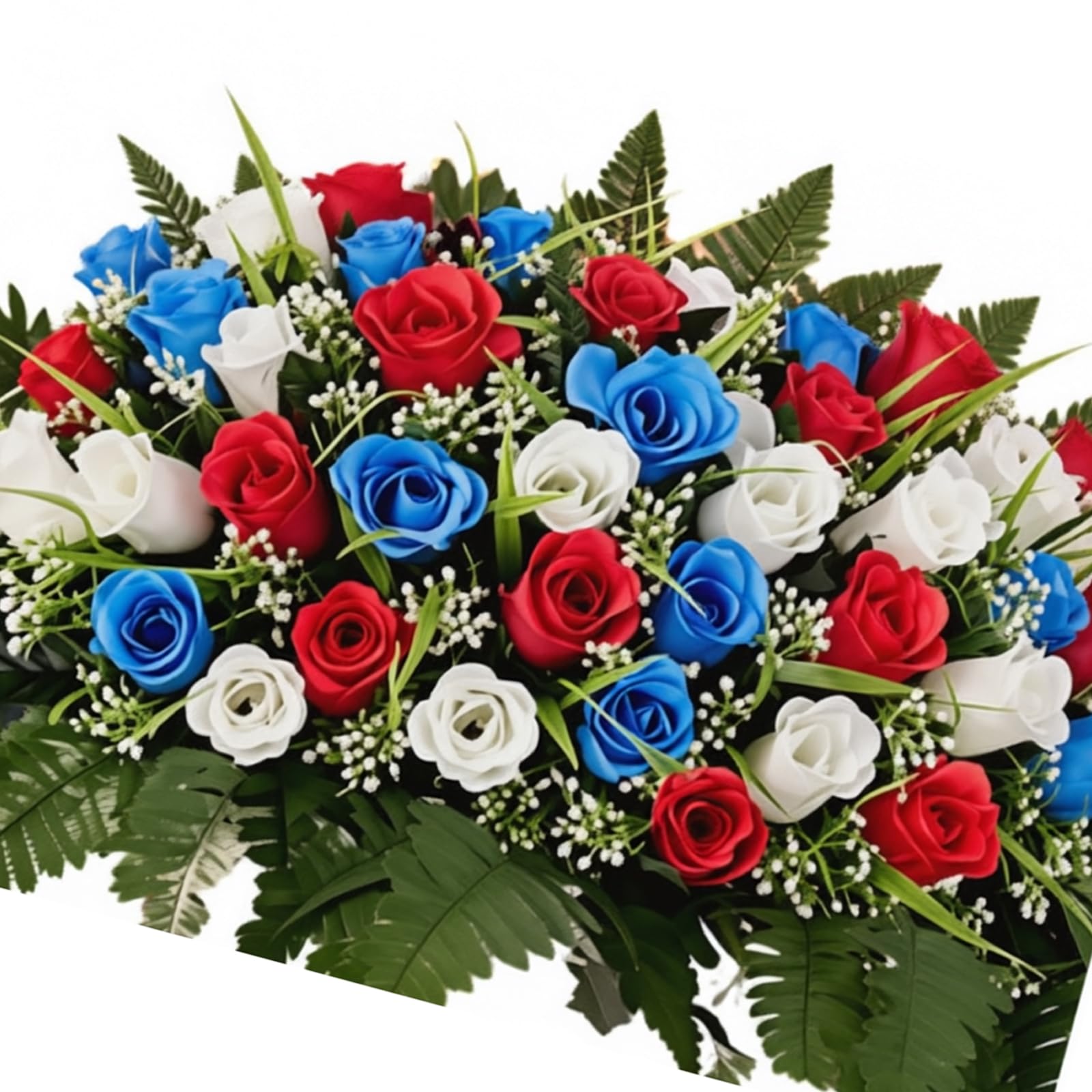 Beautiful Holiday Cemetery Wreath Showcasing Bold Red White and Blue Roses Perfect for Honoring Veterans Holiday Grave Floral