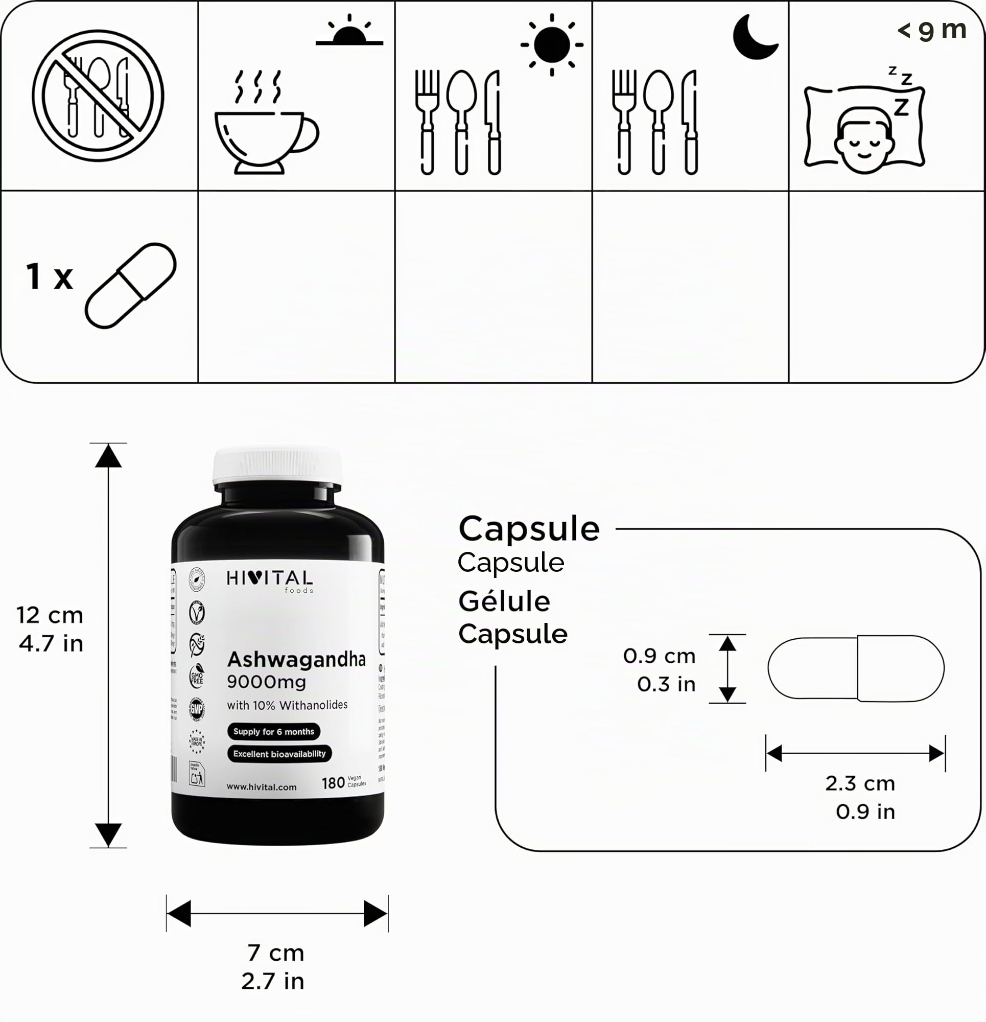 Ashwagandha 9000 mg. 180 gélules végétaliennes pour 6 mois de traitement. Extrait de Withania Somnifera avec 10% de Witanolides. Ginseng Indien. Absorption maximale. Fabriqué en Europe par HIVITAL