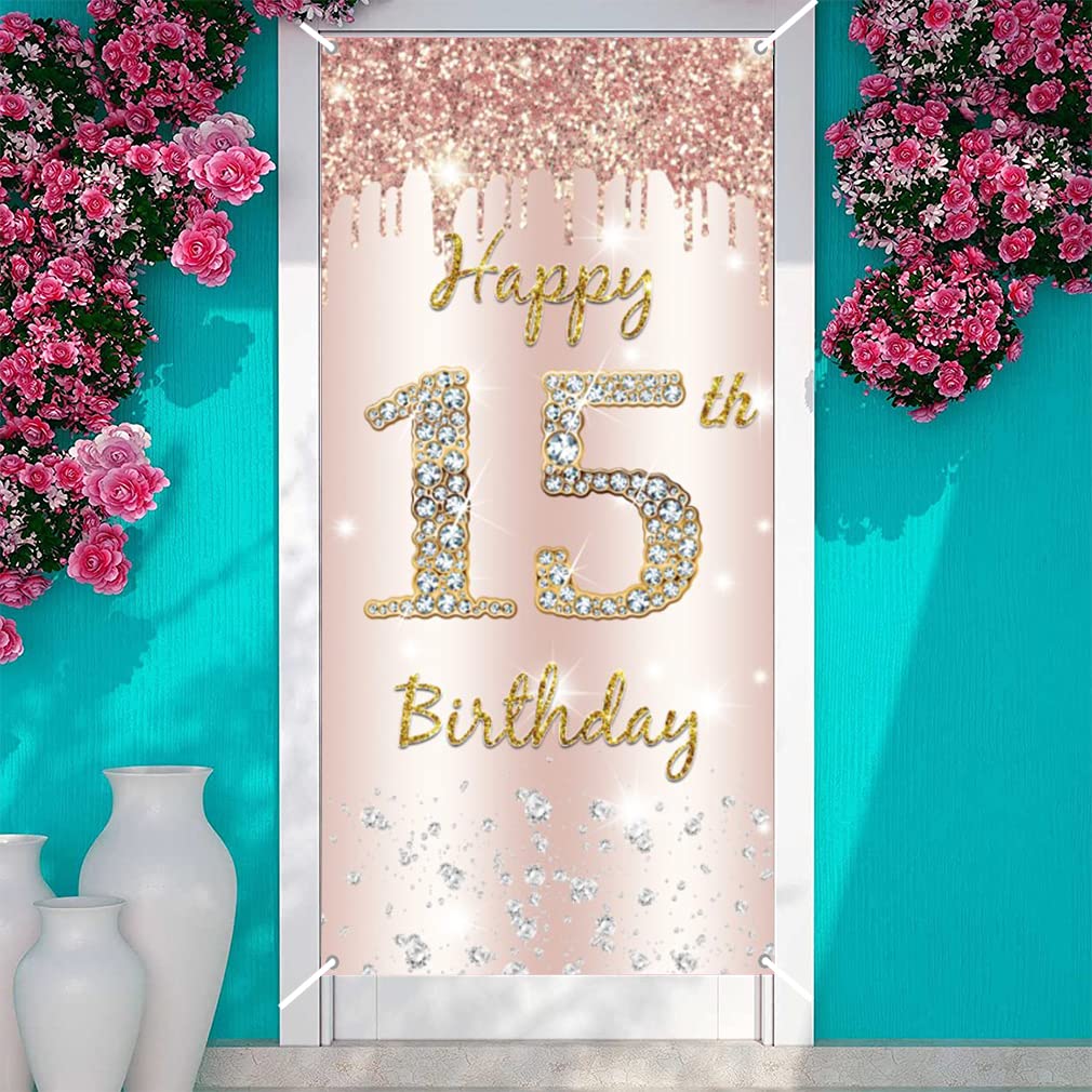 15. urodziny dziewczyna dekoracja, Happy 15th Birthday Door baner różowe złoto, 15. urodziny materiał szyld szyld plakat dekoracja drzwi, 15. urodziny tło baner, przyjęcie urodzinowe tabliczka powitalna