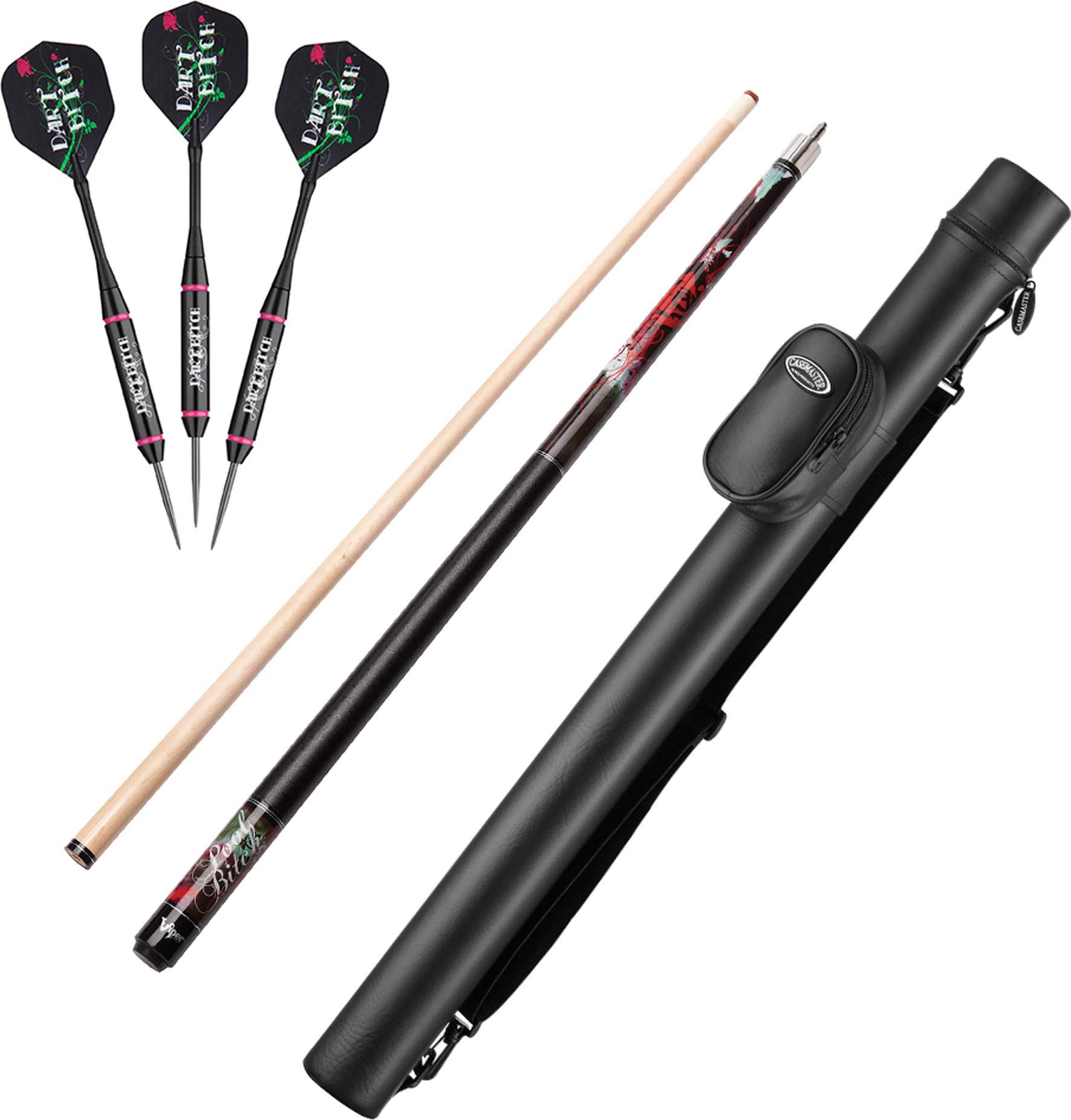 Viper by GLD Products Vanity Dart Bitch Steel Tip Darts 22 Grams, Viper Underground Pool Bitch Cue, and Casemaster Q-Vault Supreme Black Cue Case, Muti