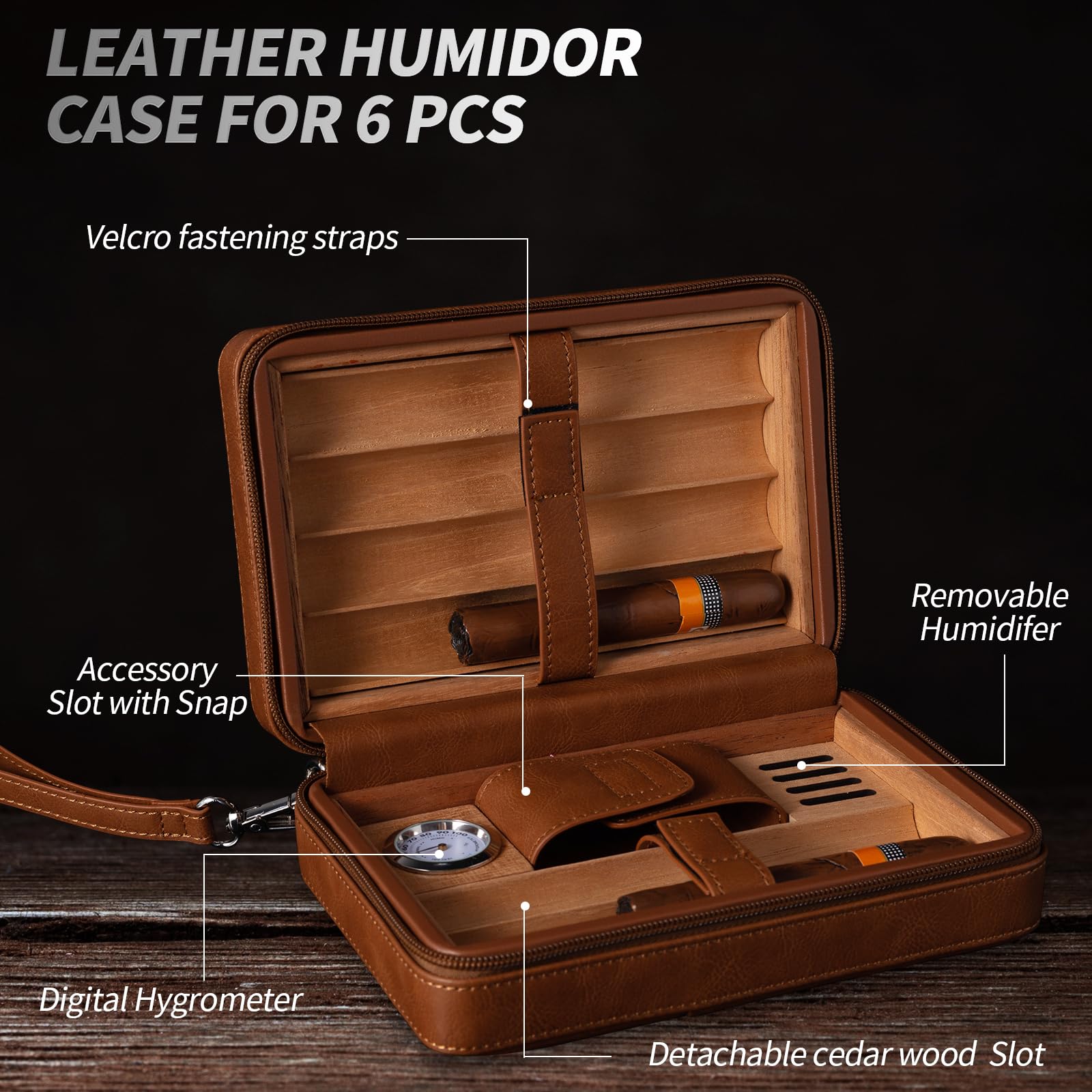 Goshentech Humidor, custodia in legno di cedro foderata in pelle, capacità 6 pezzi, igrometro e umidificatore integrato, kit portatile da viaggio (marrone)