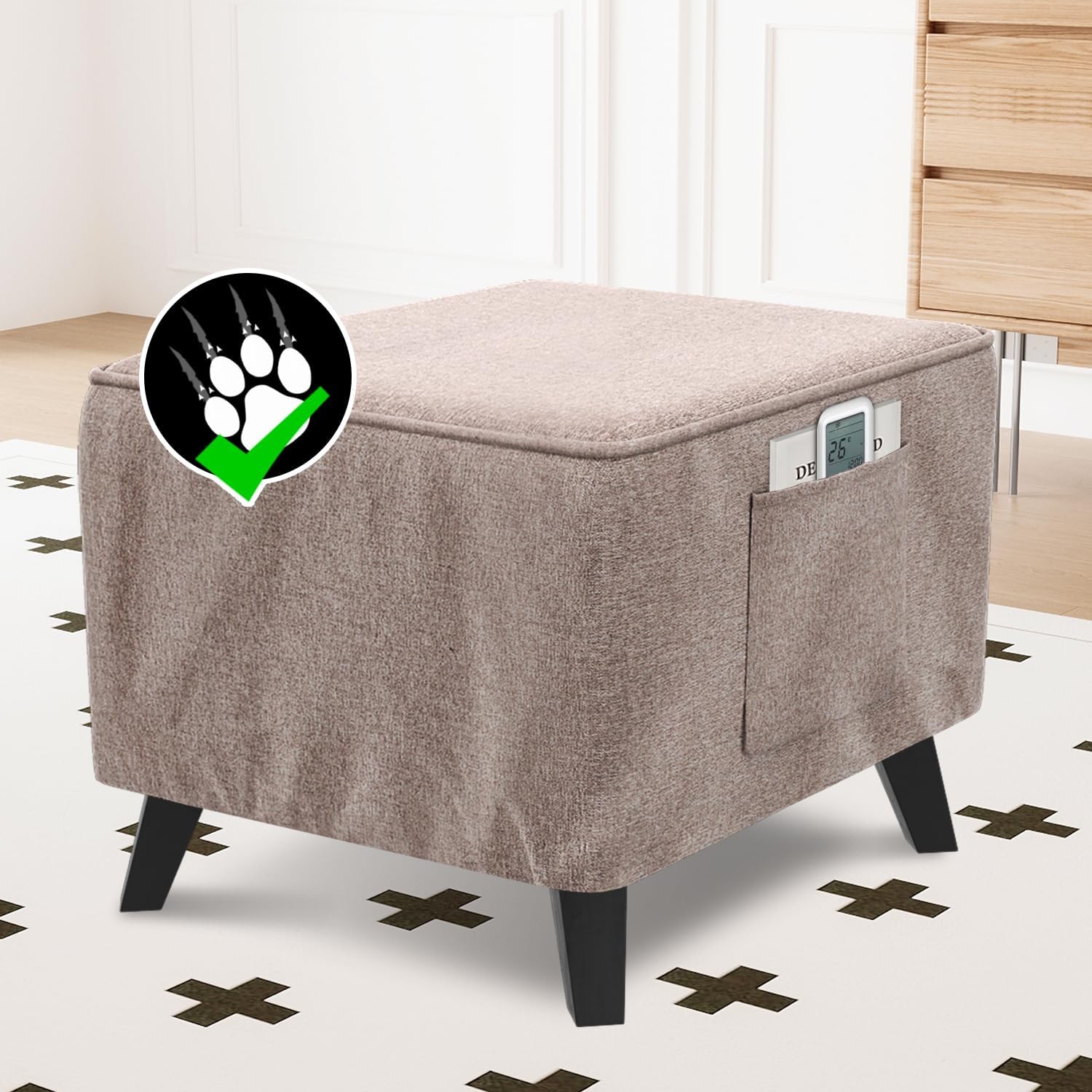 H.VERSAILTEX Ottoman Cover Square Fit Length 24"-25" Footrest Linen Look Square Soft Ottoman Covers Slipcover Storage Ottoman Cover Foot Stool Cover with Elastic Bottom - Heather Taupe