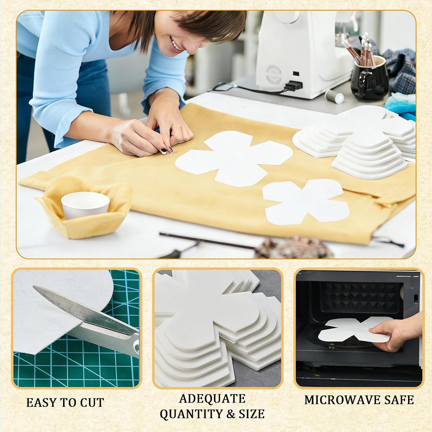 36 Pcs Bowl Cozy Batting Pre Cut 6 Size Bowl Cozy Template Pattern Wrap Cut on Fold Template for Sewing DIY 7/8/9/10/11/12 Inch, Microwave Safe
