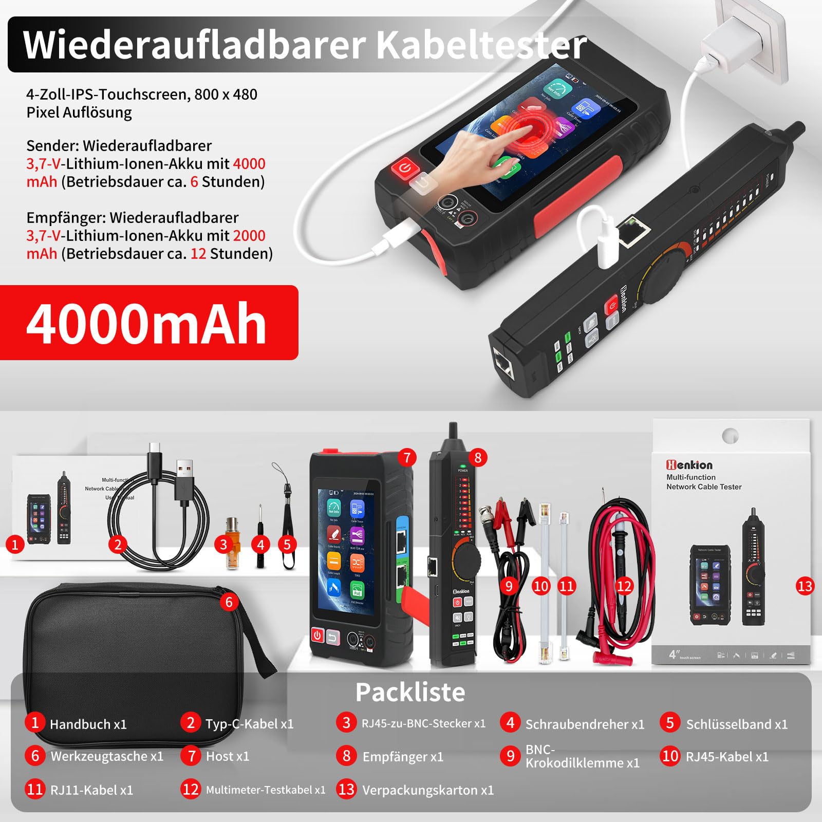 Henkion RJ45 Netzwerkkabeltester UTP-Kabeltester,Ethernet-Kabelverfolger, 4-Zoll-IPS-Touchscreen, unterstützt Netzwerktools, OPM, DMM, TDR, LEVEL METER, POE++-Erkennung, RJ45 TDR, Kabellänge,NCV
