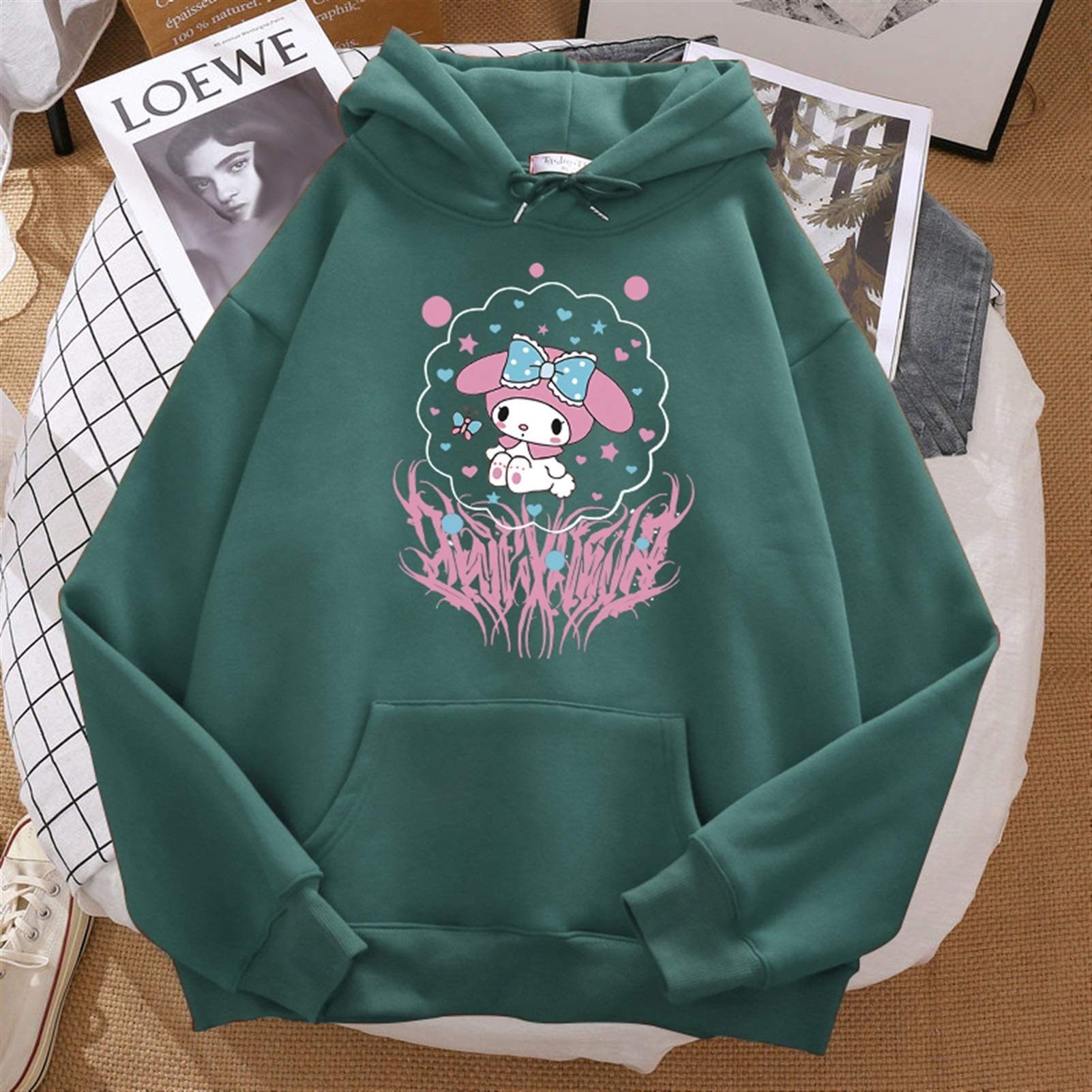 YouyaaHarajuku Cartoon Cute Kawaii Print Thick Oversized Pocket Short Sleeve Kuromi Hooded Sweatshirt for Girls (S)