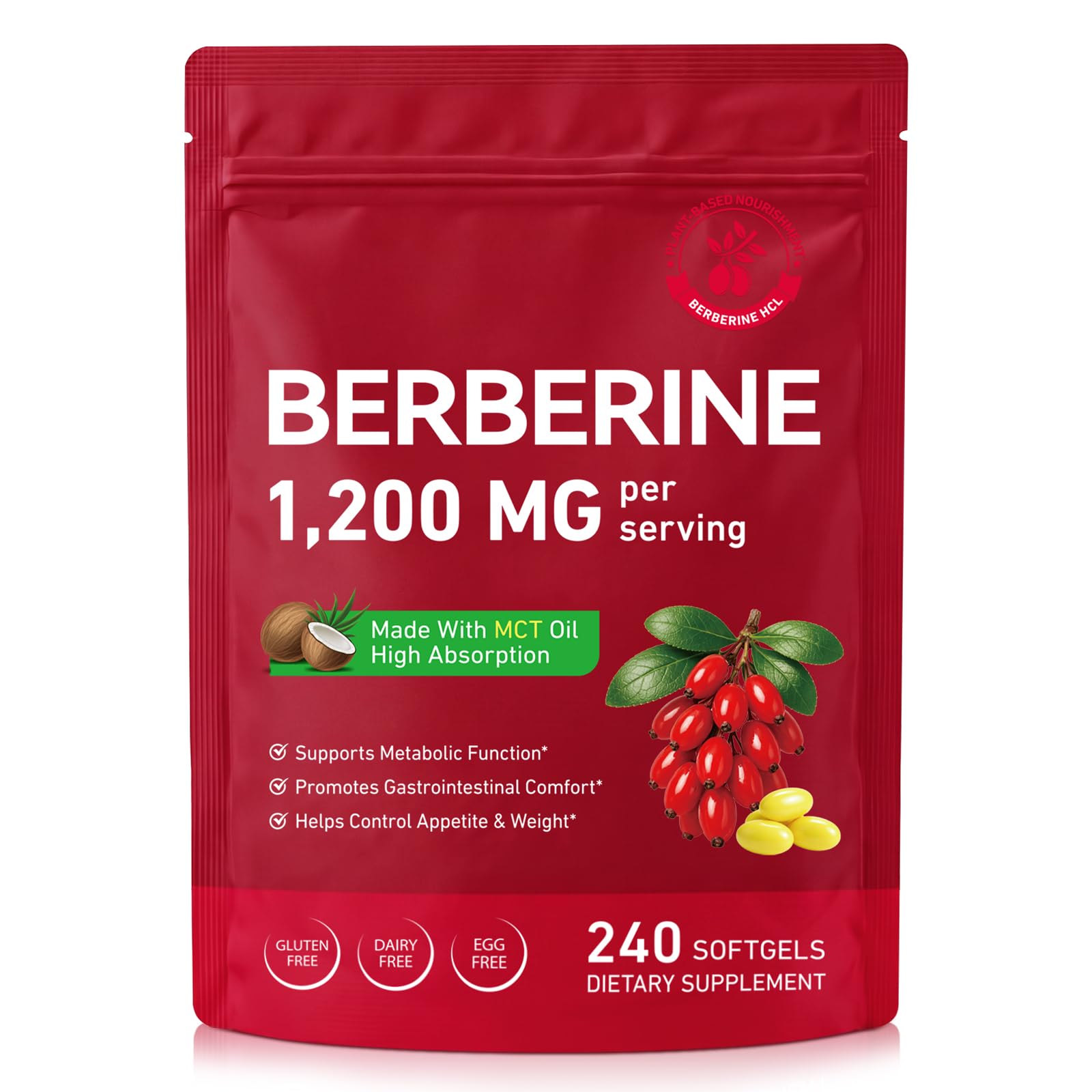 Berberine 1200mg with MCT Oil Supplement, 240 Softgels