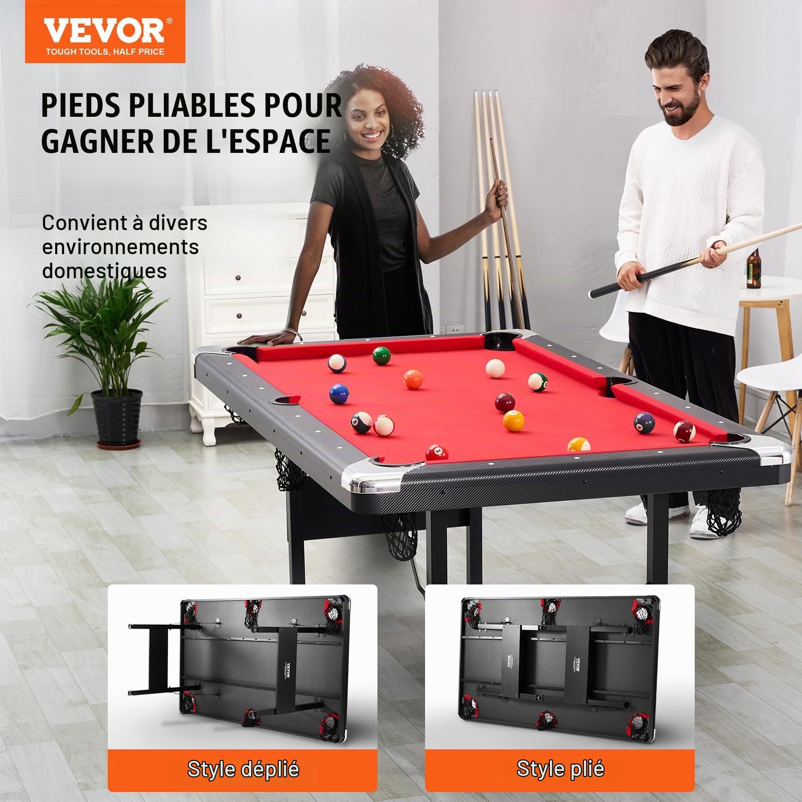 VEVOR Table de Billard 192 cm, Kit de Billard Pliable et Portable, Ensemble d'Accessoires Complets avec Balles, Queues, Craies et Brosse, Couleur Noir avec Tissu Rouge, pour Domicile, Club, Café-Bar