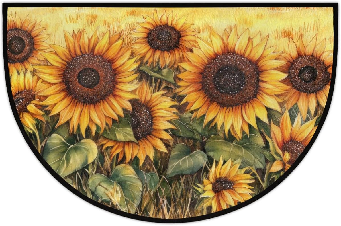 Half Round Door Mat Fall Flower Sunflower Half Moon Rug Washable Half Circle Area Rugs Indoor Entrance Non Slip Semi Circle Bathroom Rugs Floor Carpet for Kithen Bedroom Fireplace Decor