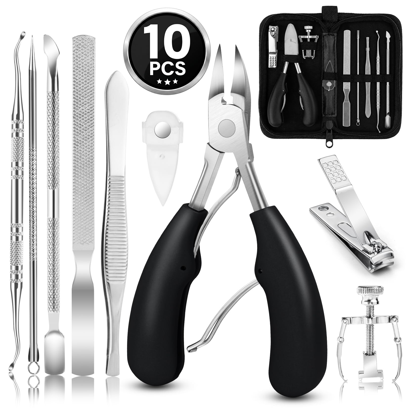 JTIEO 10 Pcs Ingrown Toenail Treatment Kit, Stainless Steel Nail Tools. 10pack-black