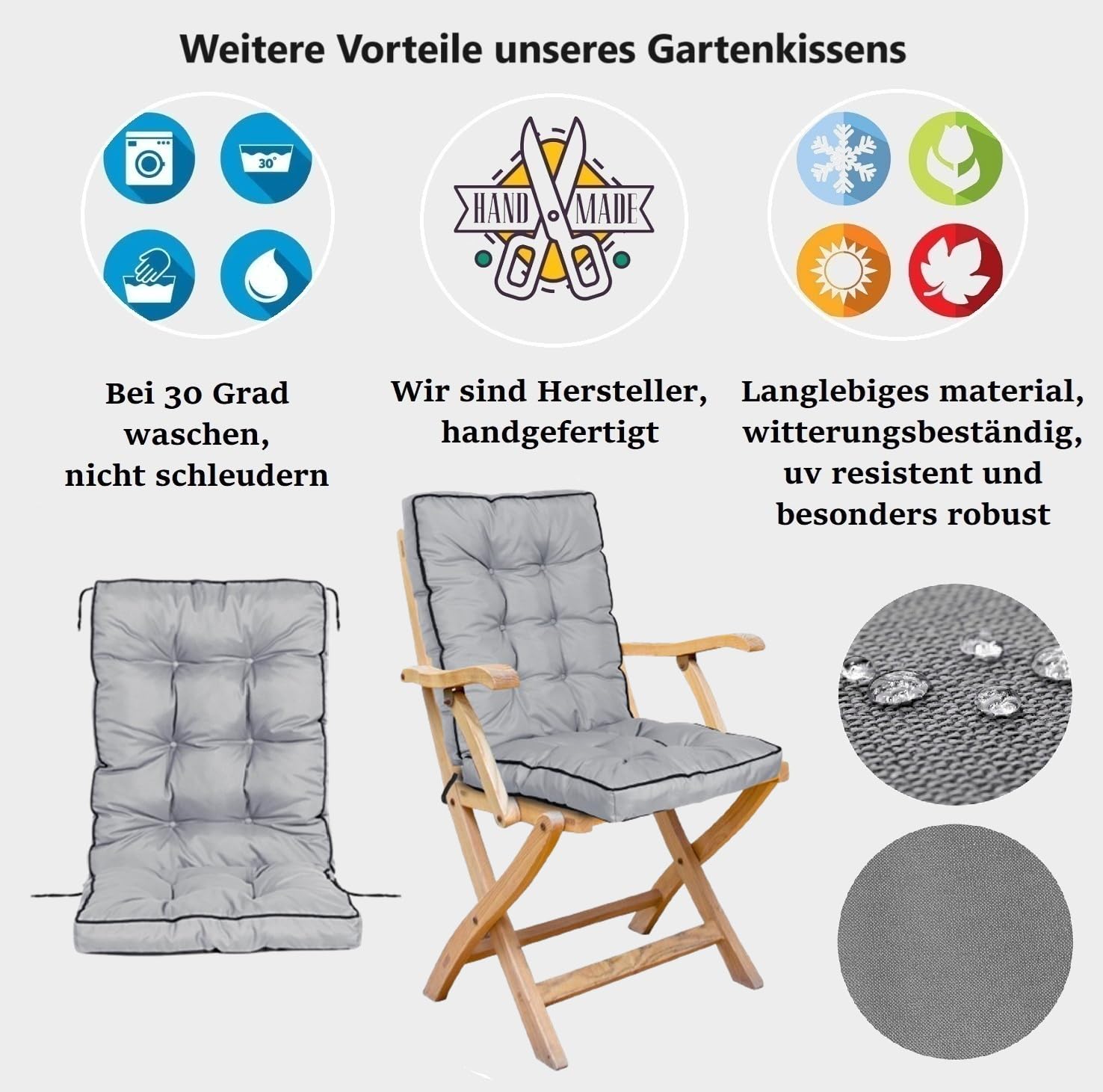 Auflage Hochlehner Gartenstuhlkissen Sitzkissen 50 x 50 x 80 cm Sitzpolster für Stühle mit Hoher Lehne Bindebändern Gesteppt