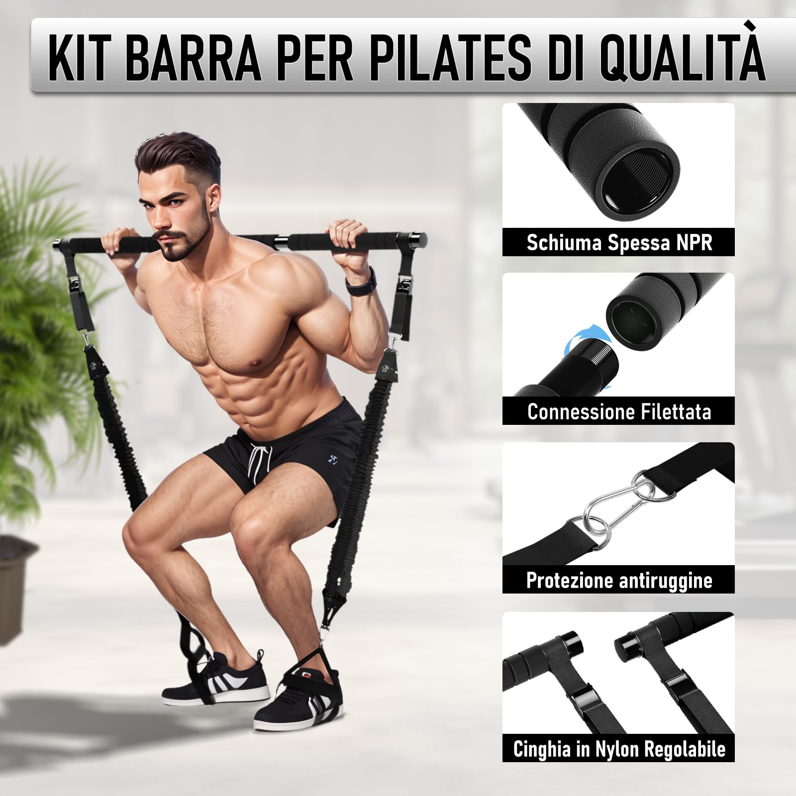 Barra Pilates, COSDIG Kit Barra per Pilates con Ab Rullo, Barra di Elastici Fitness con 6 Elastico Fitness(20/30/40 Lbs), Pilates Bar per Allenamenti Fitness, Yoga e Fisioterapia