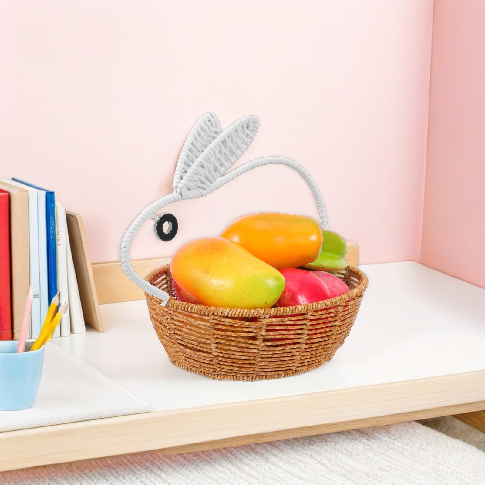 ABOOFAN Osterkorb Hasenform aus Kunststoff Rattanoptik Tragbarer Aufbewahrungskorb mit Henkel Kleiner Kaninchenkorb für Frühlingsdeko und Süßigkeiten