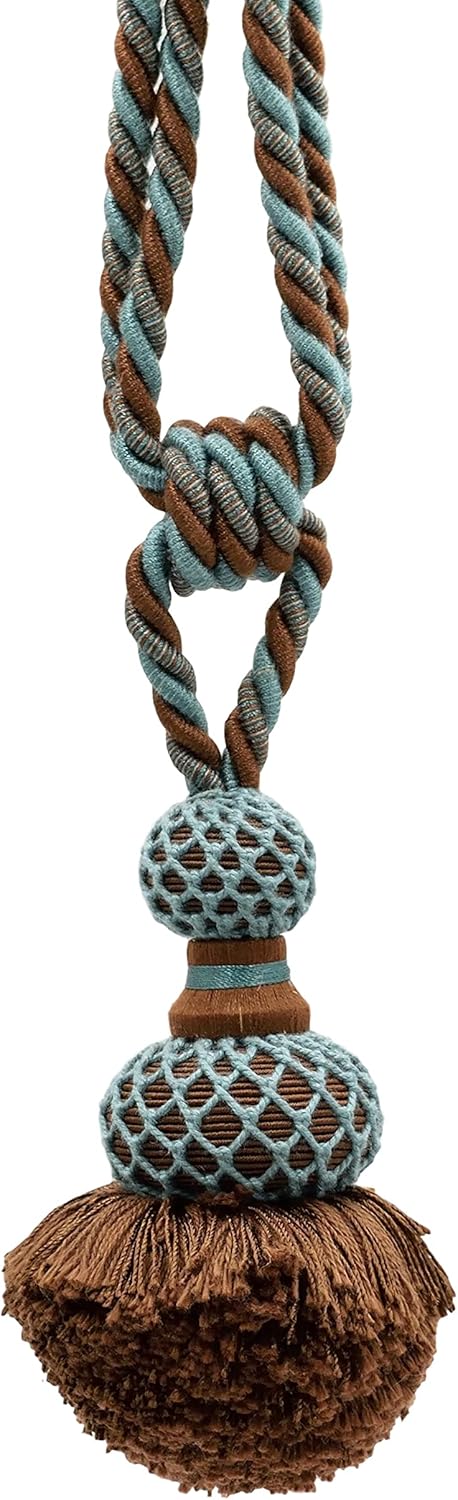 DÉCOPRO 24" Spread Traditional Tie Lattice Crown Brush Tassel Tieback (TBMOP05-RN), Lemon Brown Multicolor #CC02 (Chocolate Brown, Light Yellow), Set of 2