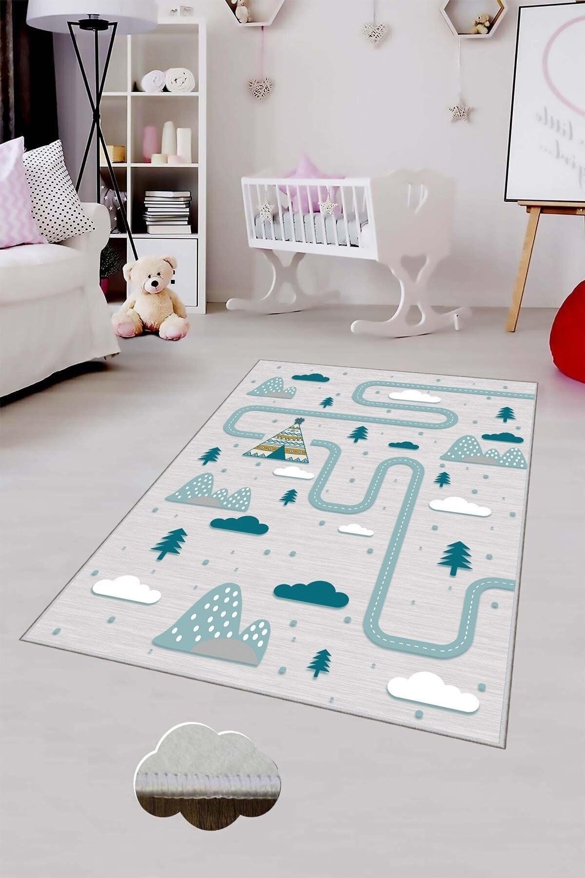 Pelangi Gri Trafik Yollu Ve Fiğürlü Yıkanabilir Kaymaz Taban Leke Tutmazbebek Ve Çocuk Odası Halısı, Gri-Mavi 120 x 180, 901357102120180