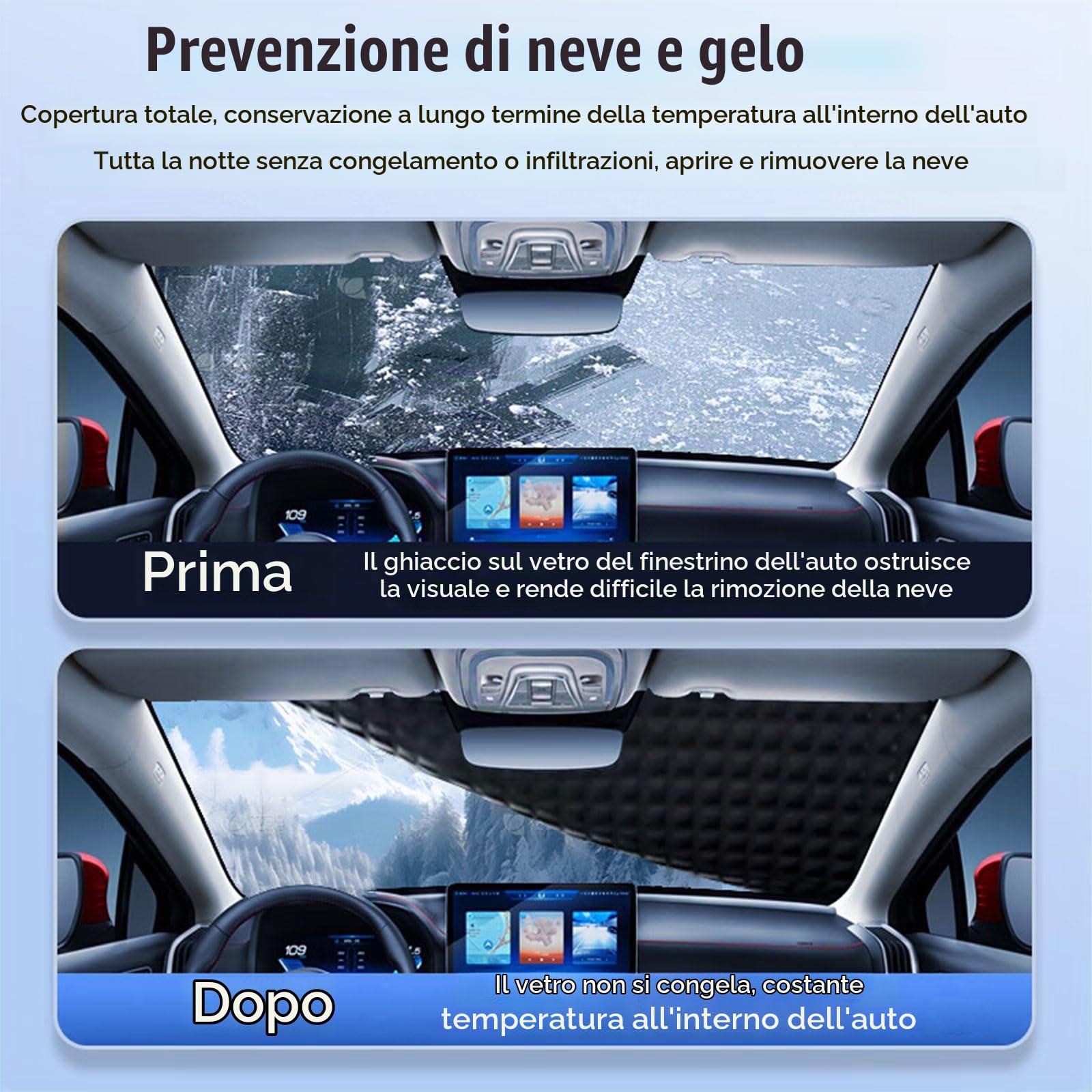 Copertura per parabrezza auto con 6 magneti nascosti, alette laterali a specchio e ganci, protezione solare per parabrezza anteriore, protezione solare per auto per neve, ghiaccio, brina, polvere
