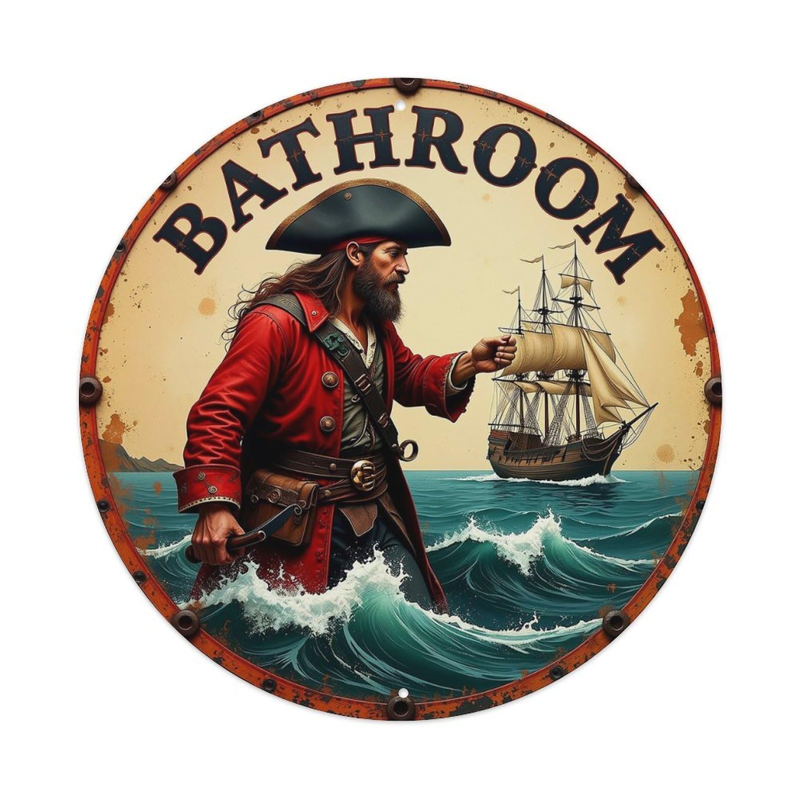 Pirate Captain Ship Ocean Waves Vintage Round Tin Sign Retro Metal Wall Decor Metal Poster, Home Bar Garage Cafe Wall Art Decoration 8x8Inches
