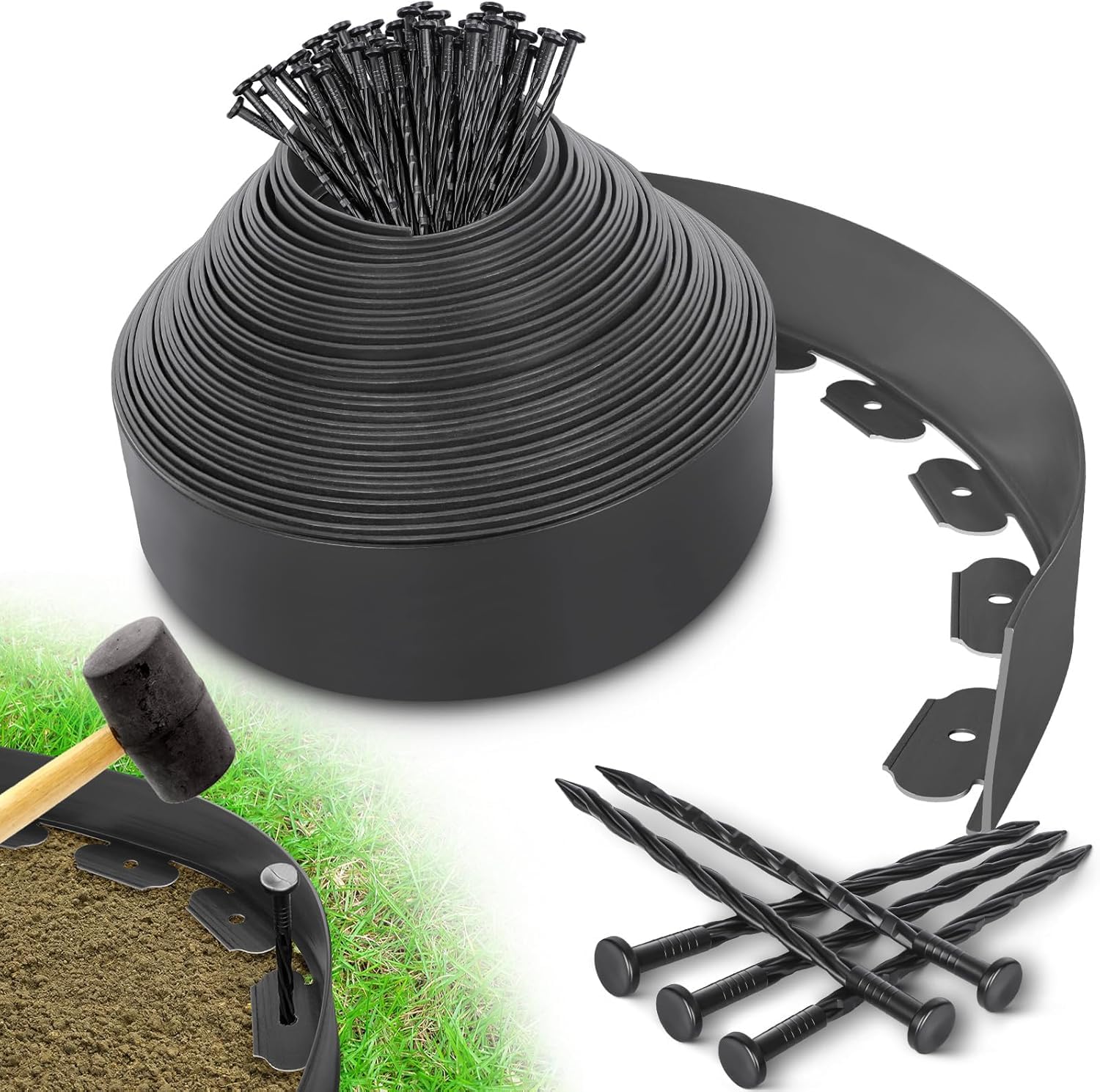 Omdekor Borde Jardín Césped Borde Flexible de PVC, Longitud 10m Altura 10cm, con 50 Clavijas, Delimitadores de Bordes para Jardín, Bordura Exterior para Tierra, Parterres, Senderos y Huerto