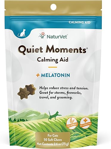 NaturVet Quiet Moments Calming Aid Cat Supplement Plus Melatonin – Helps Reduce Stress in Cats – for Pet Storm Anxiety, Motion Sickness, Grooming, Separation, Travel – 50 Ct. Soft Chews