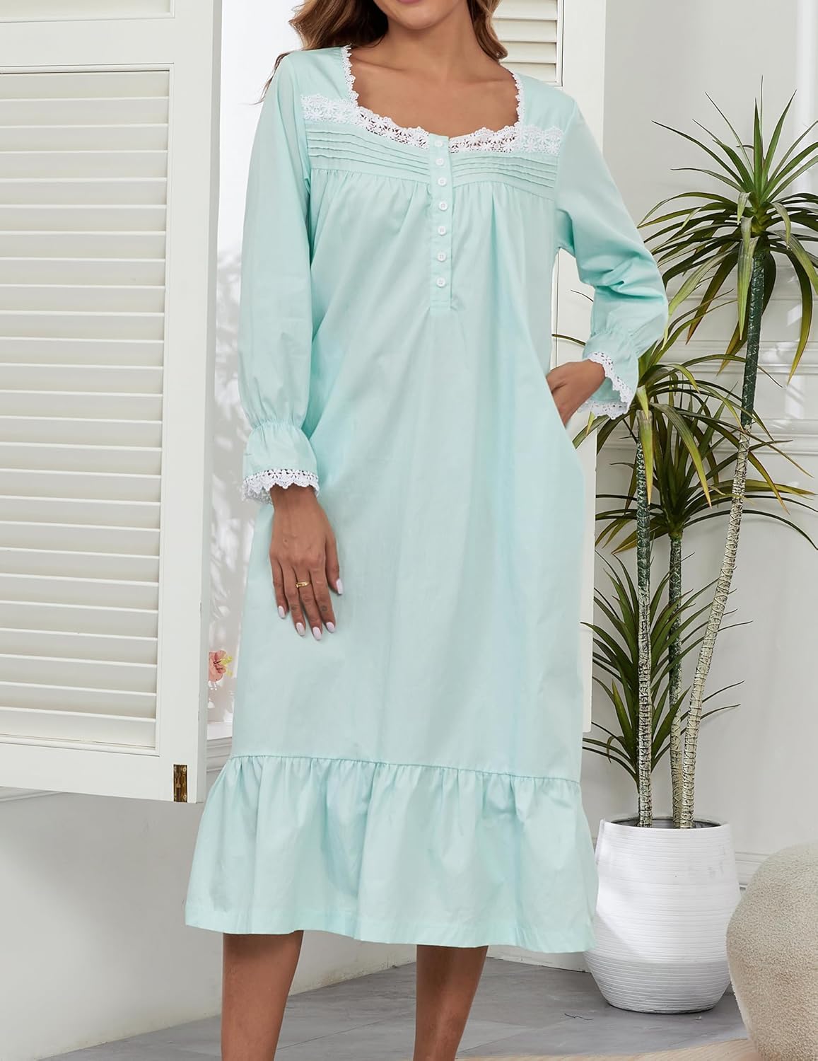 100% Cotton Nightgowns For Women Victorian Night Gown Long Sleeve House Dress With Pockets S-3XL - Image 3
