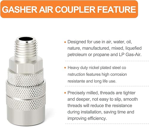 Miniatura 14 de GASHER Acoplador industrial femenino de 12 piezas, 1/4 pulgadas, acoplador de aire de conexión rápida de flujo básico de 1/4