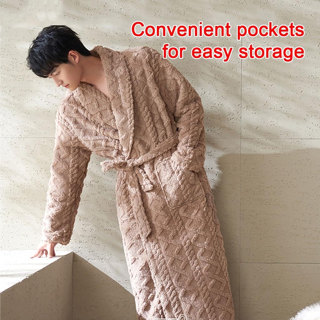 LEIYTFE Albornoz De Noche para Hombre,Albornoz De Baño Bata Invierno Cálido Pijama Casa Abrigo con Bolsillo Y Cinturón Albornoz Largo De Hotel SPA(Bruin,XXL)