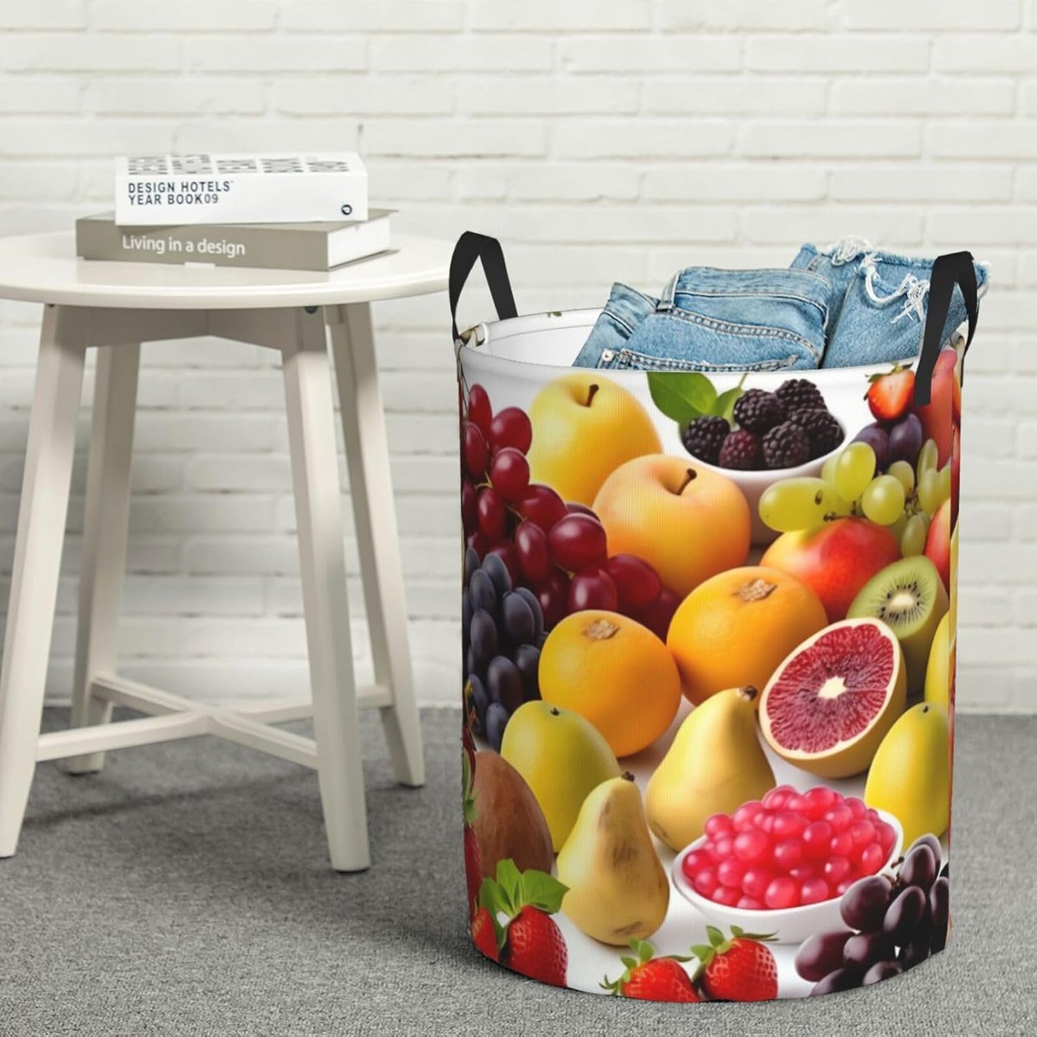 Fresh fruits print Circular Hamper Waterproof Storage Bin Organizer Basket Laundry Hamper With Handles For Clothes Toys Small