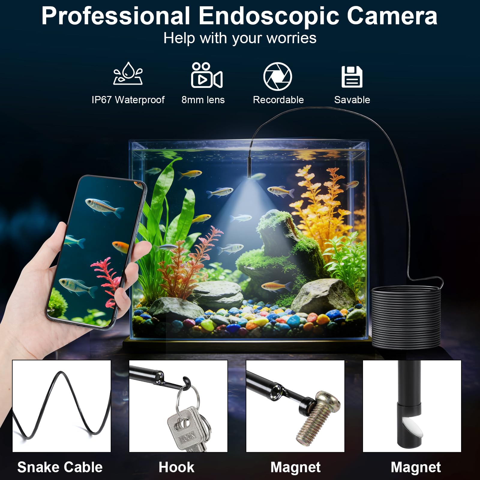 Cozary Endoscopio per Smartphone con Luce, 1920P HD Sonda Telecamera Endoscopica, IP67 Sonda Impermeabile, Endoscopio con 8 LED, non c'è bisogno di Wi-Fi, per Auto, Casa, Tubature (32.8ft/10m)