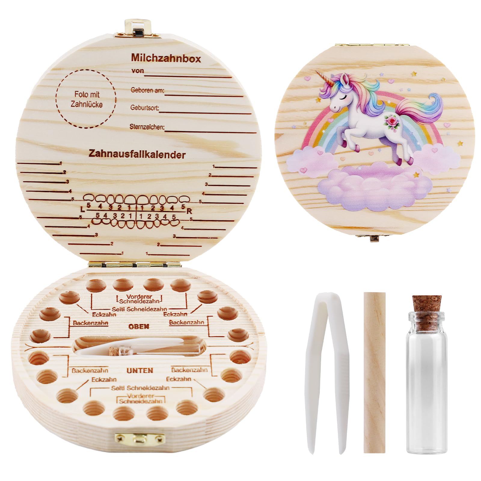 Spehulg Zahndose Milchzähne Mädchen, Holz Zahnbox für Milchzähne, Einhorn Milchzahndose Mädchen, Aufbewahrungsbox für Baby-Zähne Box, Zahnfee Geschenke, Kinderzahndosen