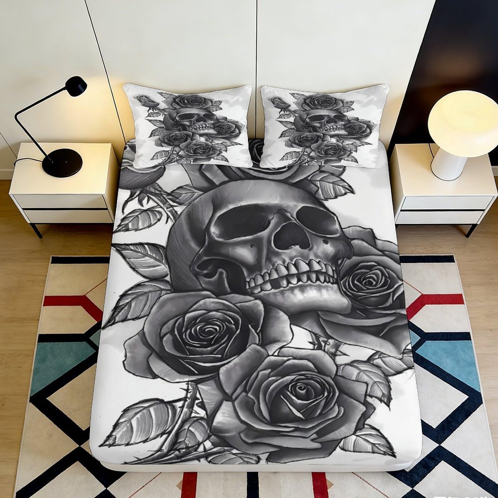 3D Printed Skull Rose Fitted Sheet Microfiber Black White Mattress Cover for Bedroom Dorm Adult Teen Protection Decor 180x200x25cm