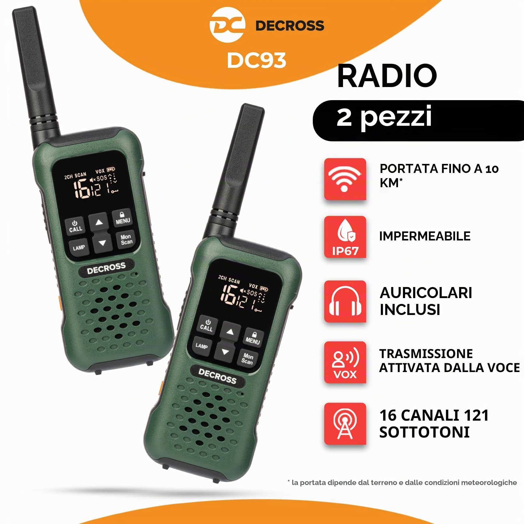 93 Walkie Talkie, Woki Toki Radio Professionali fino a 10 km, PMR 446 16 canali, VOX, torcia, IP67, resistente alle intemperie, vivavoce, auricolari, batteria ricaricabile (2 pezzi)