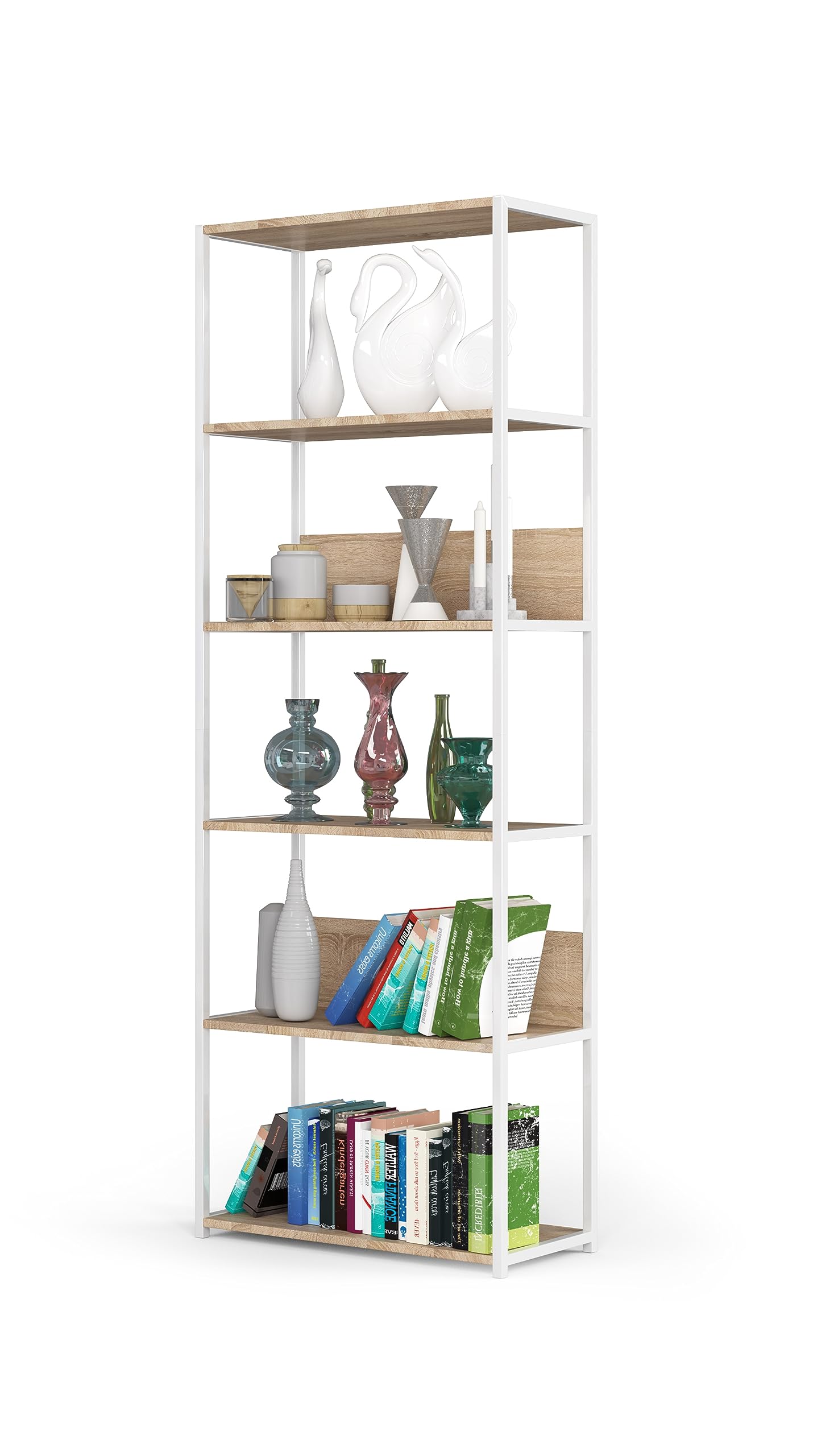 BDW Vintage Regal Wohnzimmer –Regal Industrial Style – Modernes Loft-Regal Aus Metall mit 6 Einlegeböden - Wandregal Industrial Style – 192x70x32cm - Weiss/Eiche Sonoma
