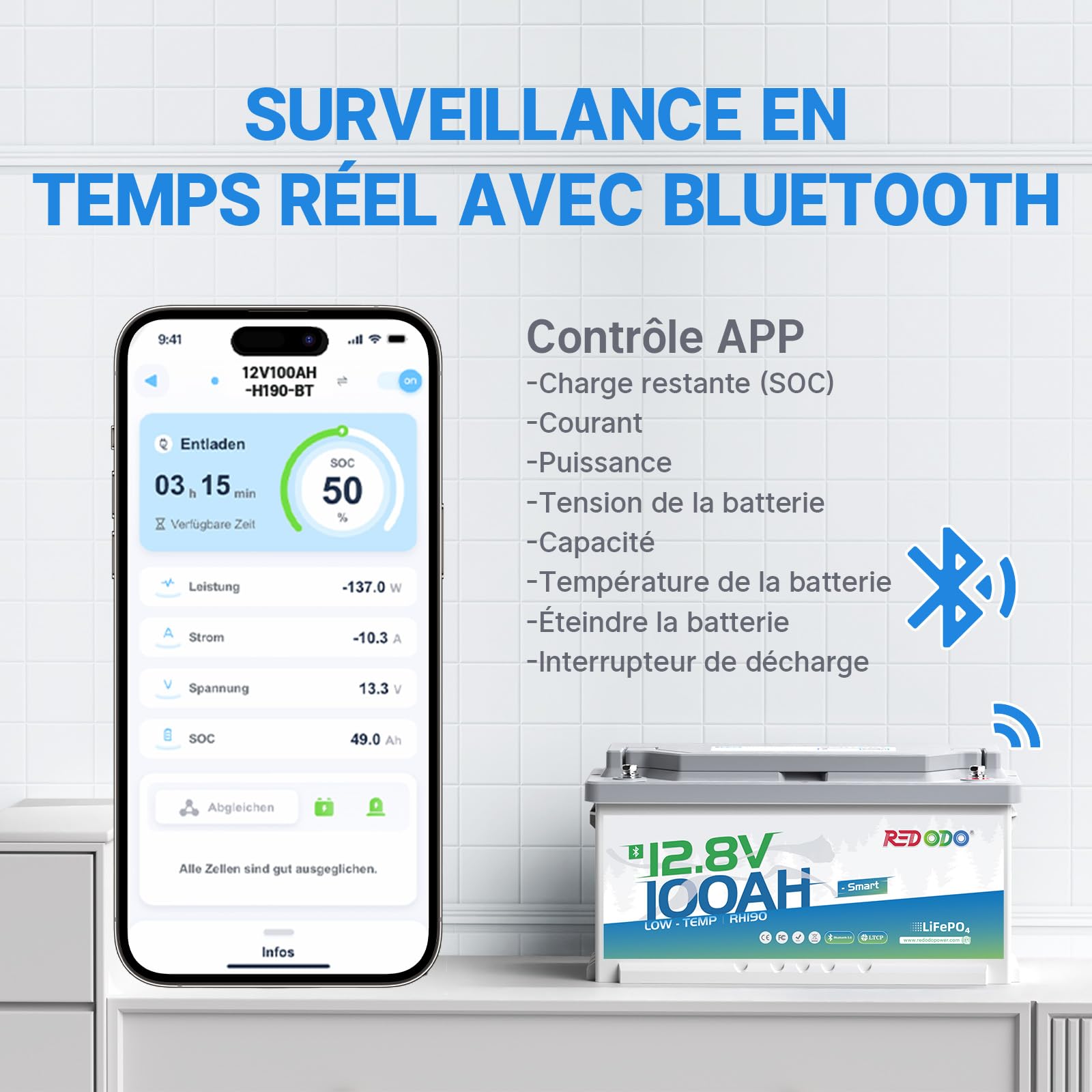 Redodo 12V 100Ah H190 Batterie LiFePO4 avec Bluetooth 1280Wh Batterie Lithium Protection Contre Basses Températures Hauteur 188mm Parfaite pour Camping-Car/Bateaux
