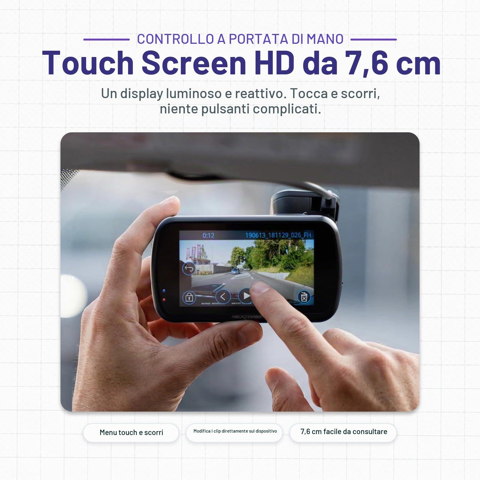 Nextbase® 522GW Dash cam Auto | Modalità di Parcheggio 24/7 | Dashcam Auto 2K 1080p 30fps | Schermo Tattile da 3" Telecamera | Camera con Angolo di Visione di 140° | Visione Notturna